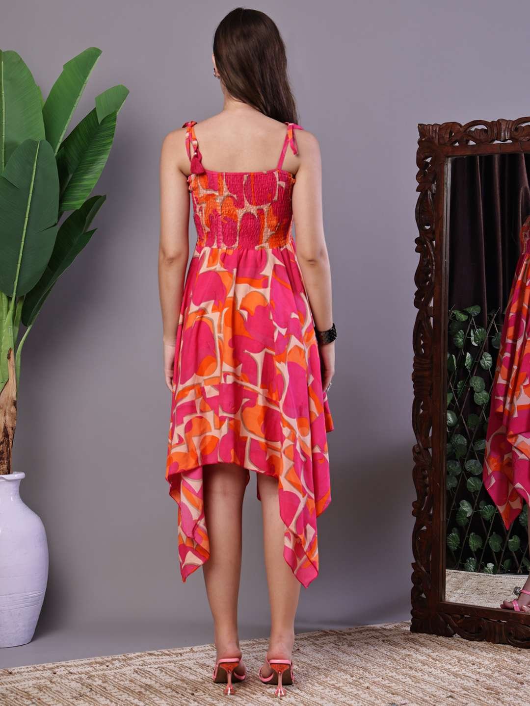 0g24YC.jpg Women's Orange & Pink Printed Cotton Handkerchief Hem Dress Midi Dresses - Image 2
