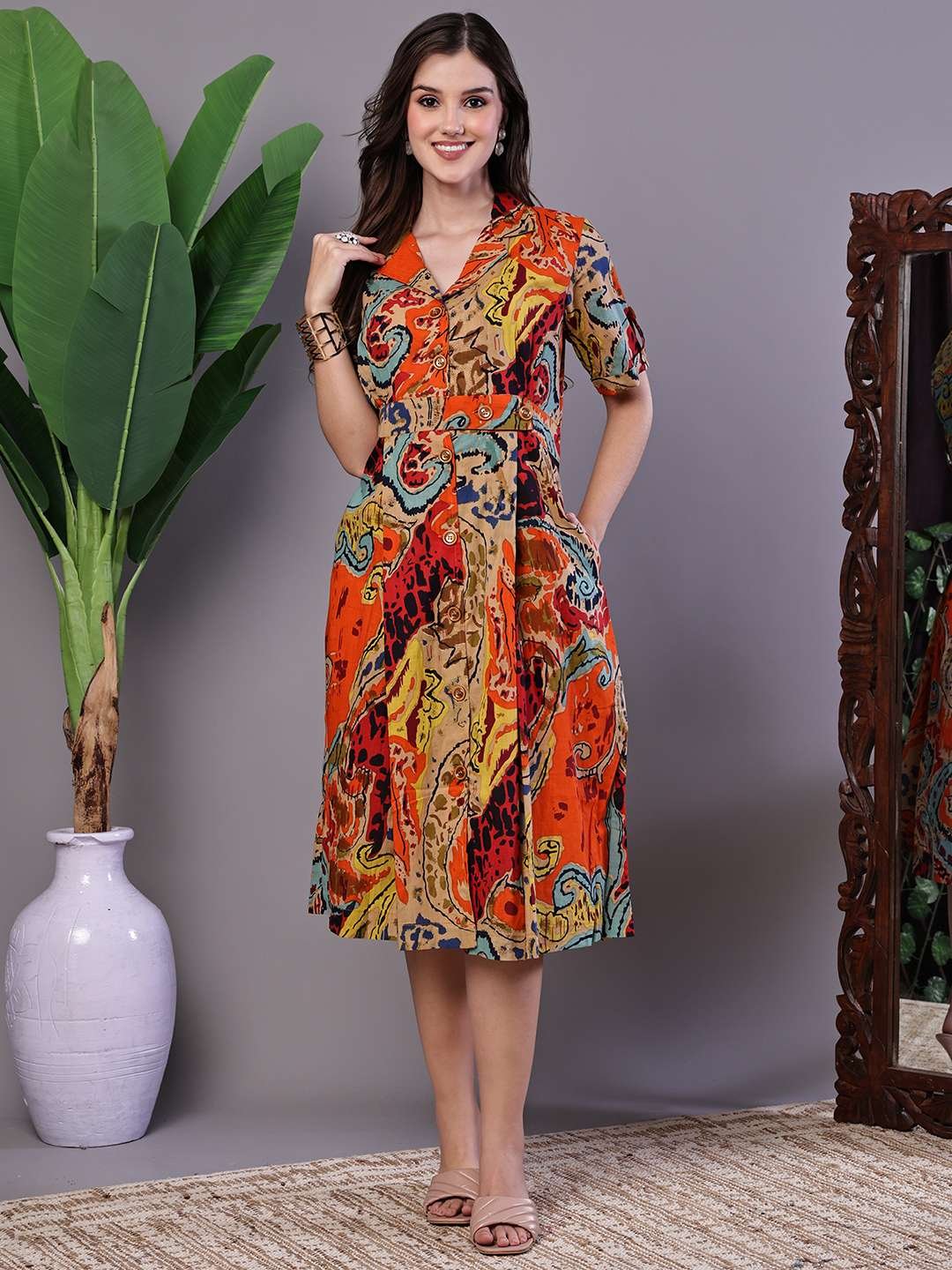 0ioJnU.jpg Women's Bohemian Chic Multi-Color Paisley Print Cotton Collared Midi Dress - Image 4