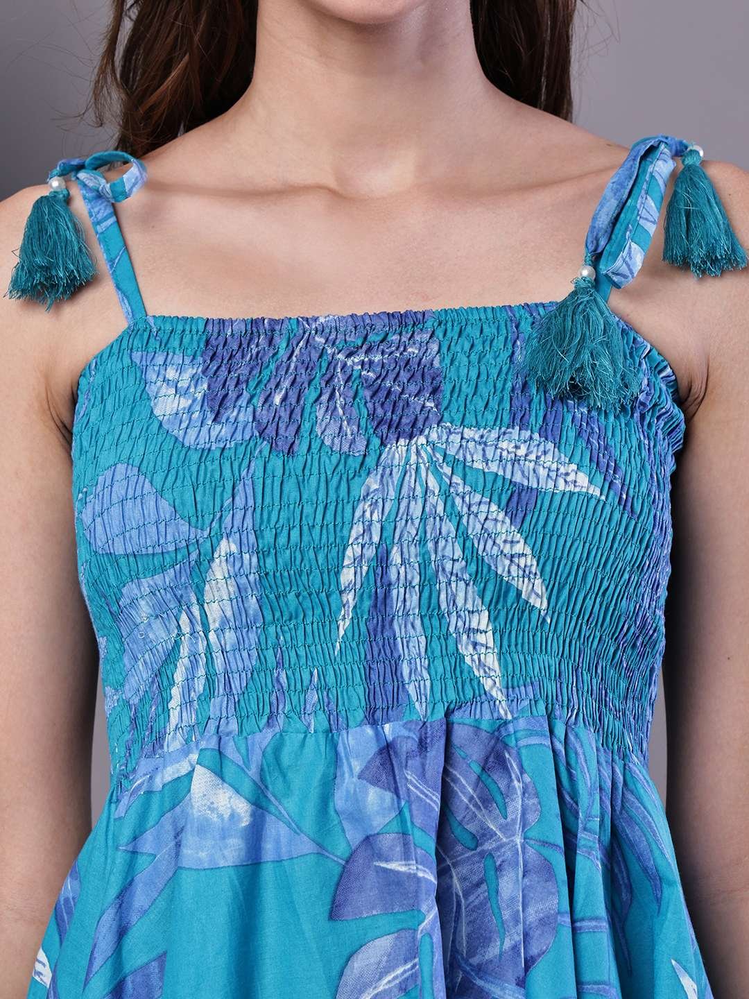 1m1GgC.jpg Women's Blue Printed Asymmetrical Hem Smocked A-Line Dress Midi Dresses - Image 5