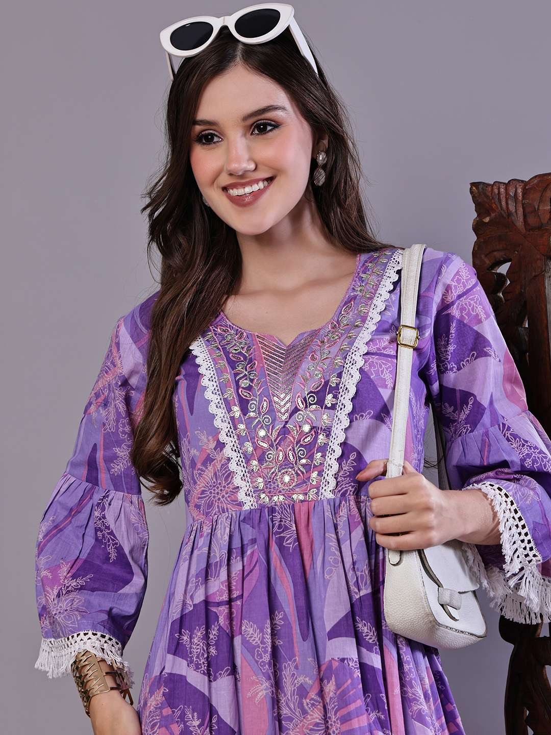 35vG3S.jpg Wome's Purple Floral Cotton A-Line Dress with Lace Detailing Midi Dresses - Image 4