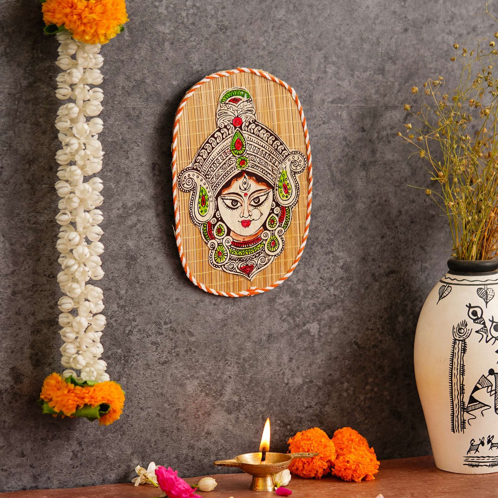 Chitran Product Photography Oval Shaped Design Bamboo Hand Crafted Wall Hangings Durga Ji For Home Decor | Bamboo Art For Wall Decor