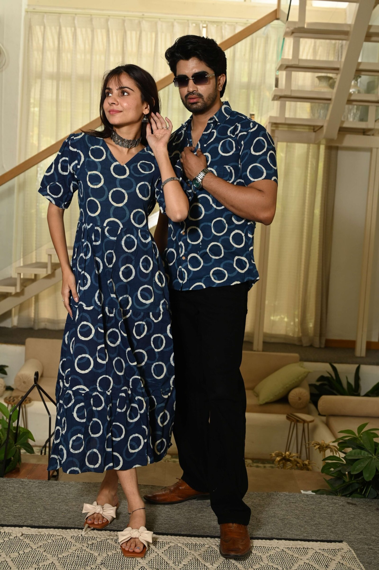 5Ig4IY-scaled-1.jpg Couple Matching Navy Blue Circular Print Cotton Anarkali Midi Dress and Shirt Set - Image 3