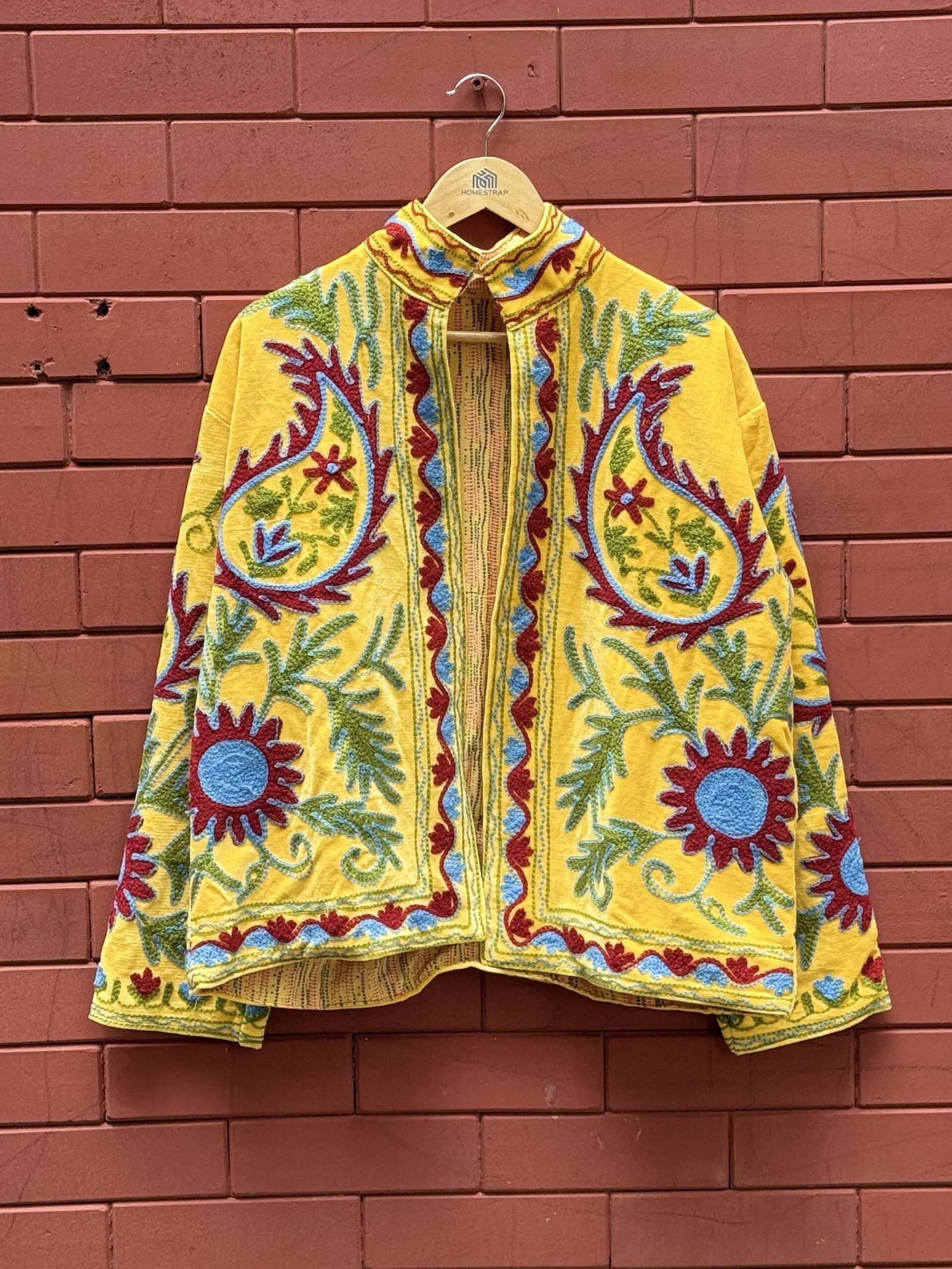 5YRqyx-scaled-1.jpg Womens Yellow Velvet Embroidered Jacket with Floral Design - Image 4