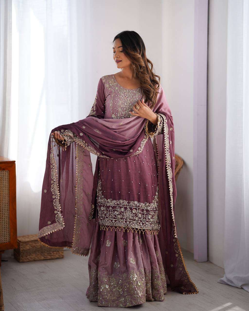 6P7ebD.jpg Women's Chinon Silk Sequence With Rivet Moti Work Straight Kurta With Sharara and Dupatta Set - Image 30