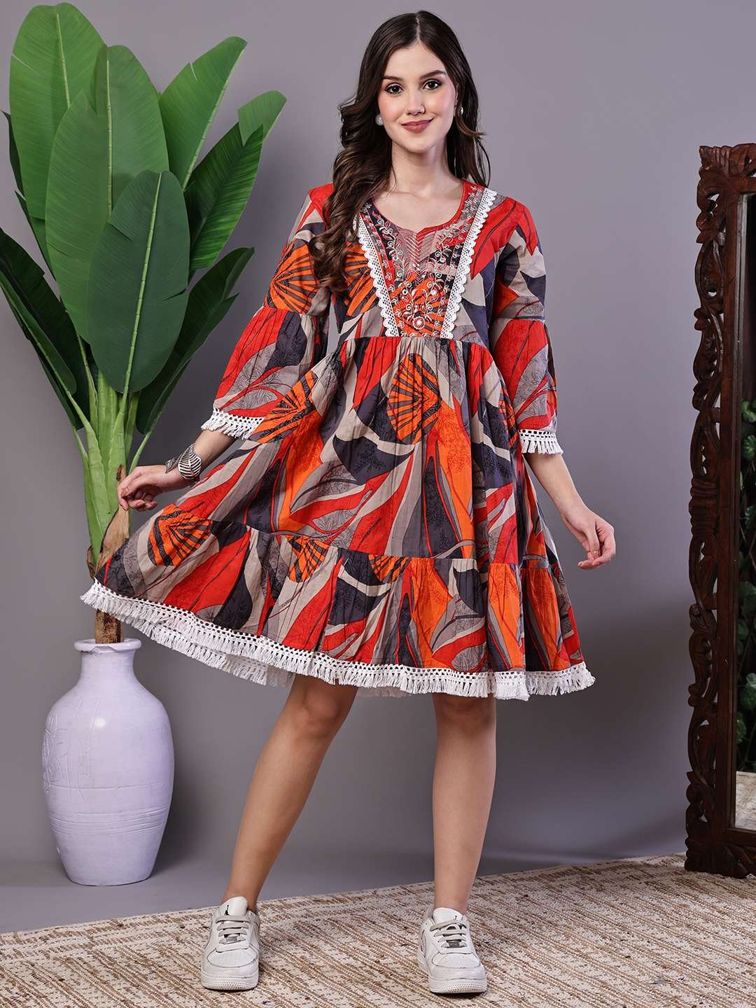 7JtXr1.jpg Wome's Multicolor Printed Cotton A-Line Dress with Embroidered Yoke Midi Dresses