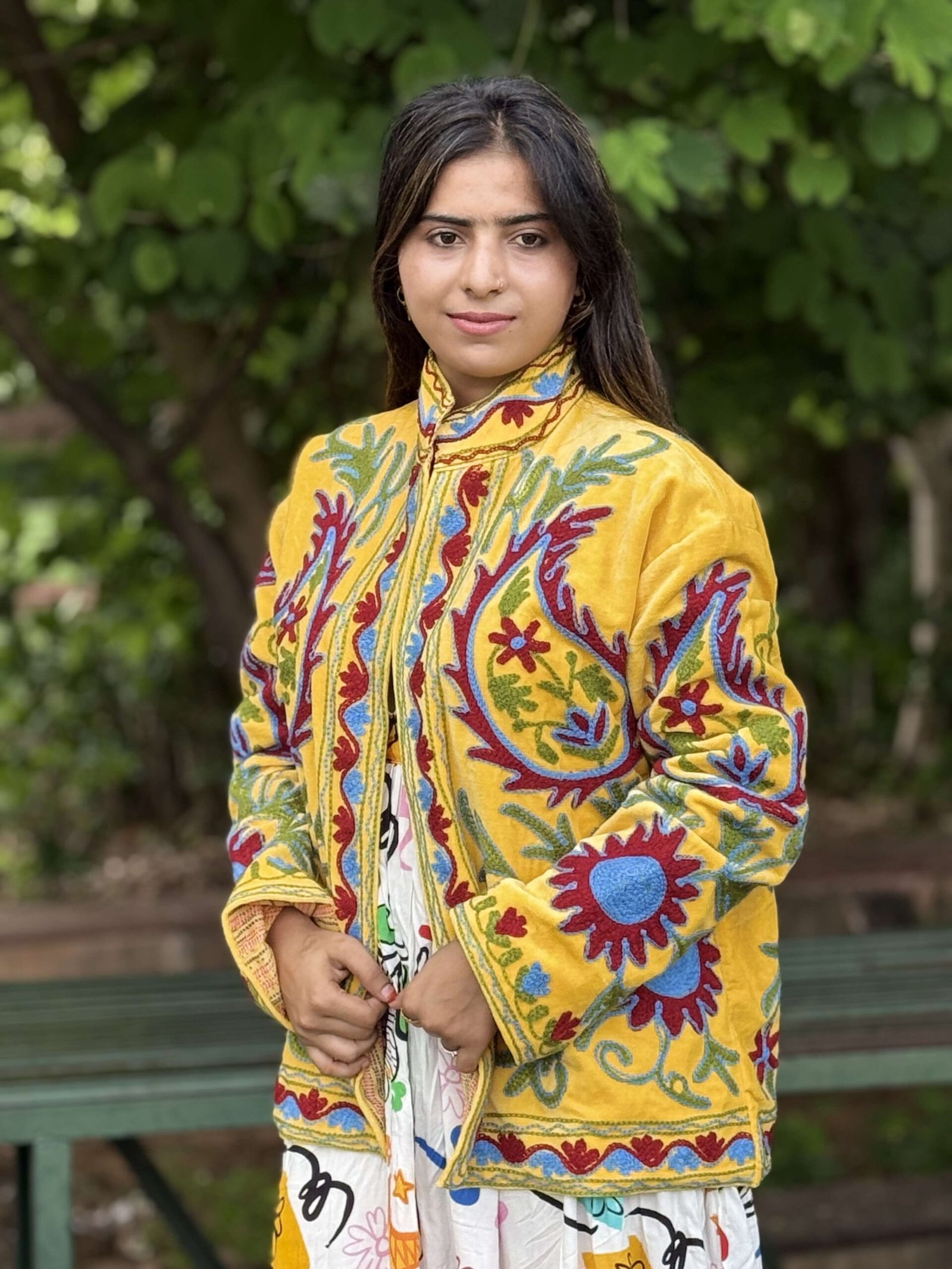 7szMcD-scaled-1.jpg Womens Yellow Velvet Embroidered Jacket with Floral Design - Image 2