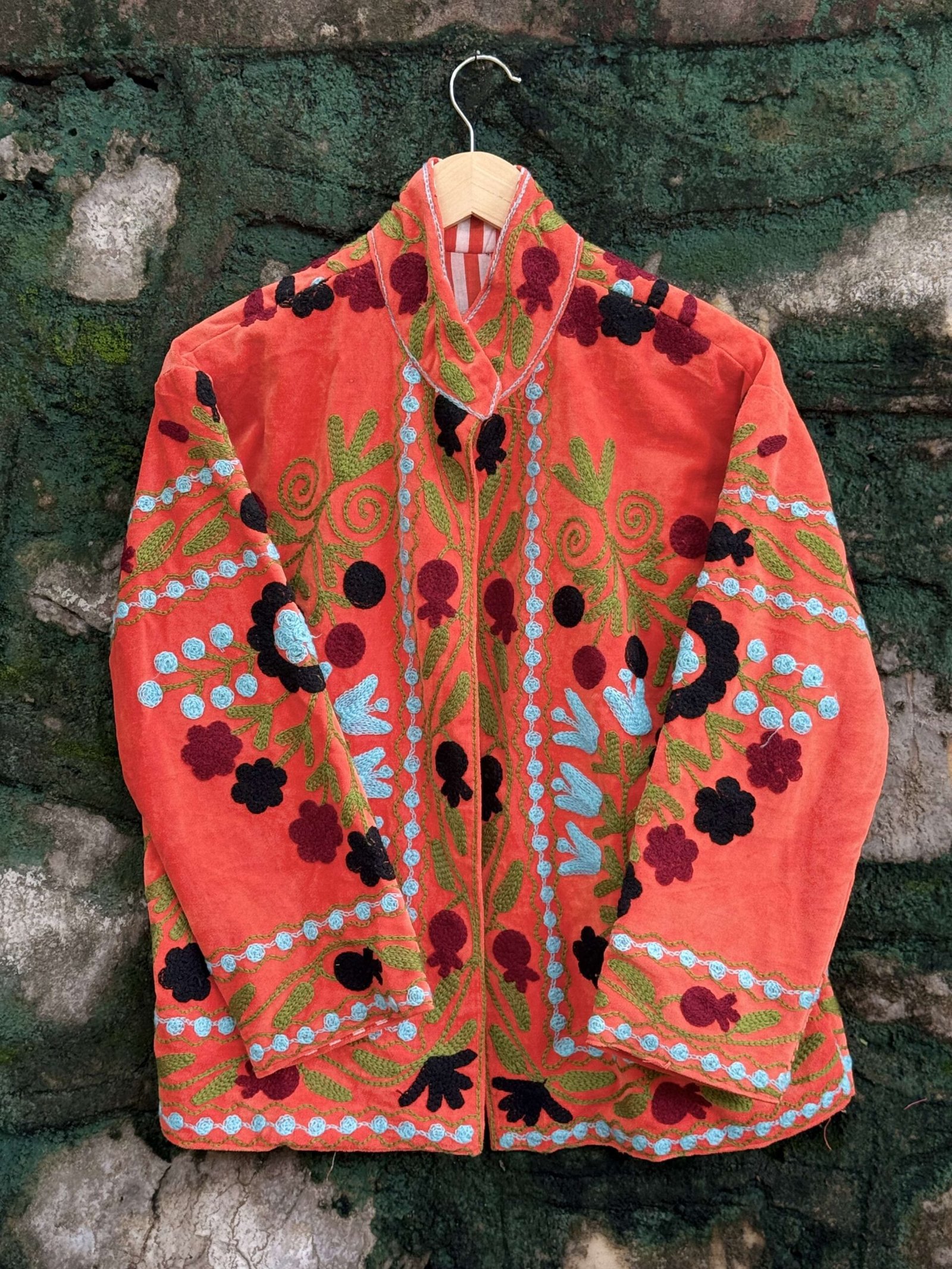 8TxjLU-scaled-1.jpg Womens Orange Velvet Embroidered Jacket with Floral Design - Image 3