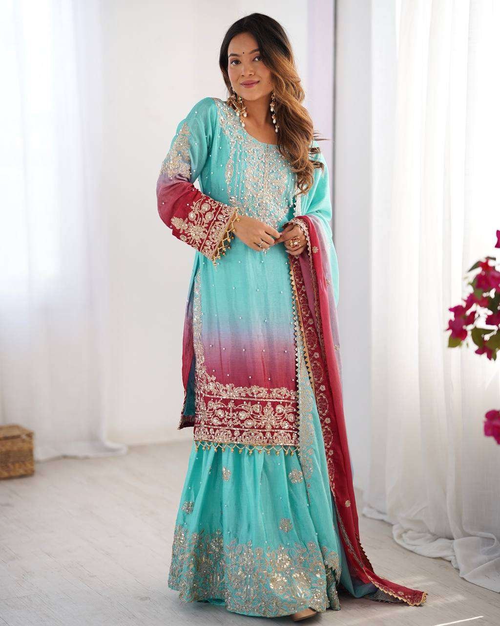 9X7Mla.jpg Women's Chinon Silk Sequence With Rivet Moti Work Straight Kurta With Sharara and Dupatta Set - Image 22