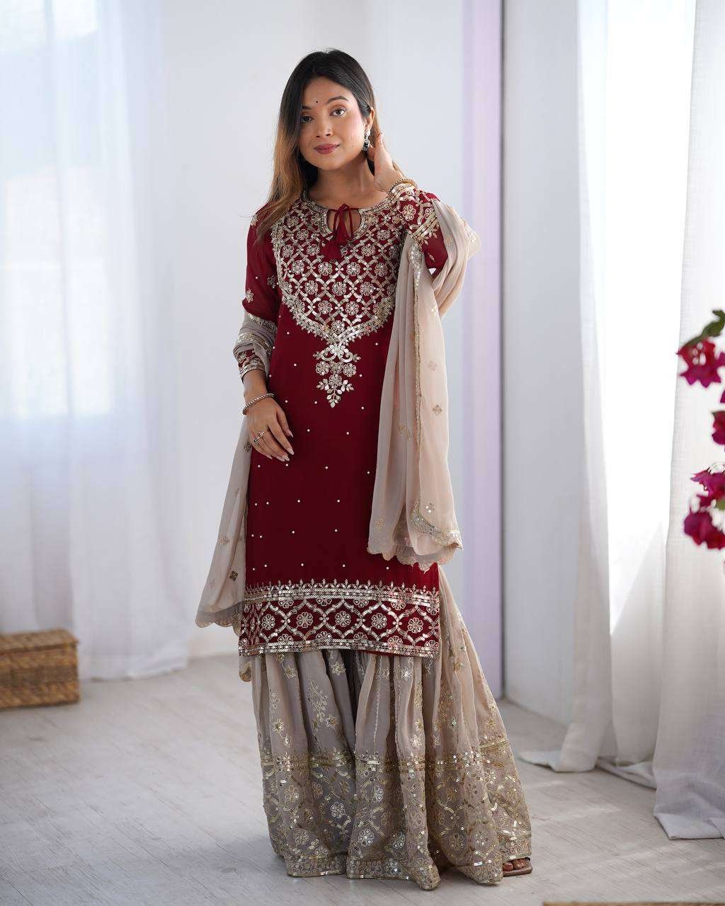 CabOgC.jpg Women's Faux Georgette Sequins Embroidered Straight Kurta With Sharara Suit and Dupatta Set - Image 8