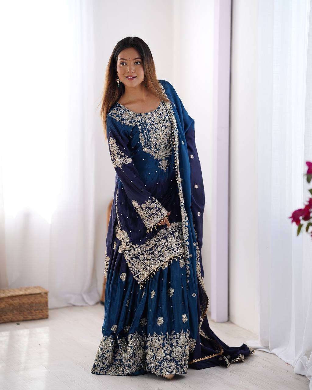 EdQbYs.jpg Women's Chinon Silk Sequence With Rivet Moti Work Straight Kurta With Sharara and Dupatta Set - Image 12