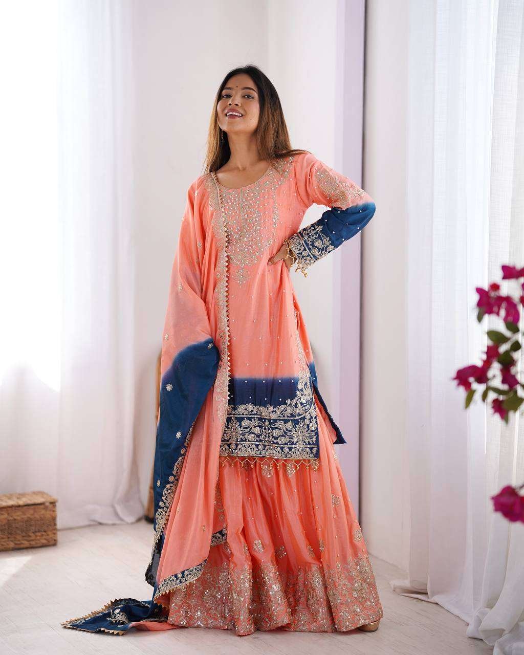 FBMBqZ.jpg Women's Chinon Silk Sequence With Rivet Moti Work Straight Kurta With Sharara and Dupatta Set - Image 25