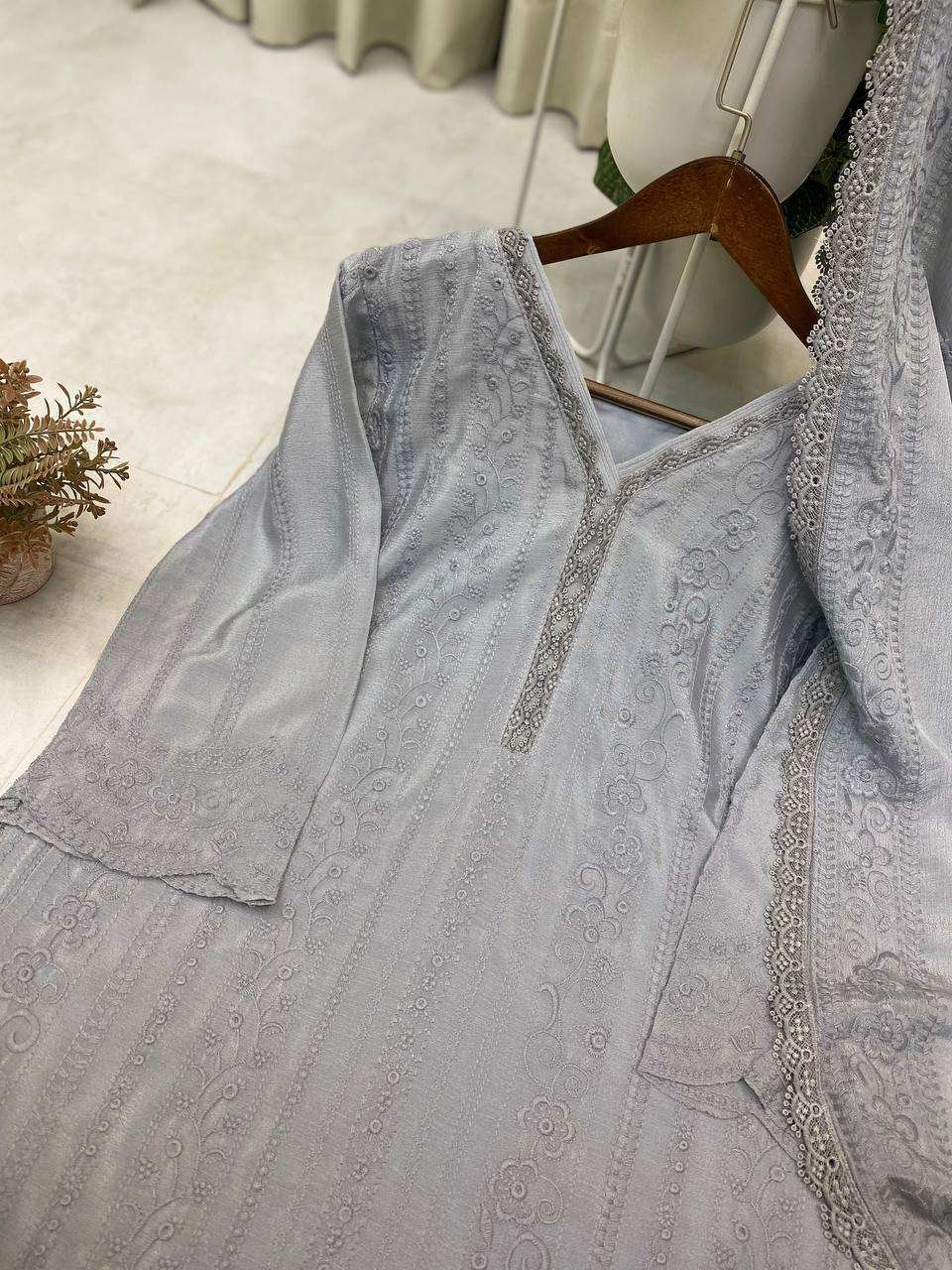 FLV6Ud.jpg Women's Chinon Silk with Cotton Thread Embroidery Straight Kurti With Pant and Dupatta set - Image 9