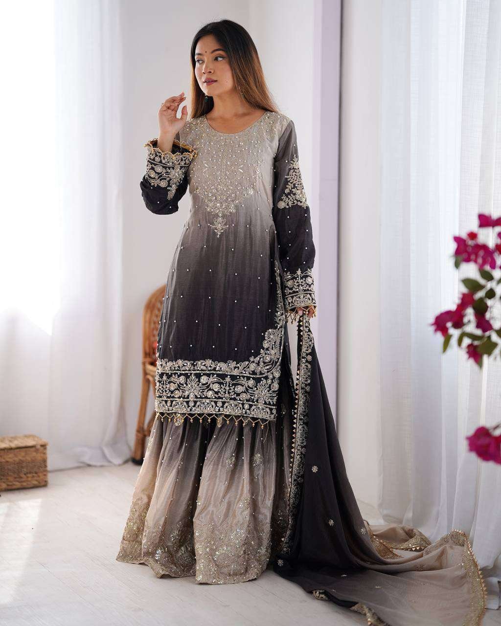 GNvB5r.jpg Women's Chinon Silk Sequence With Rivet Moti Work Straight Kurta With Sharara and Dupatta Set - Image 8