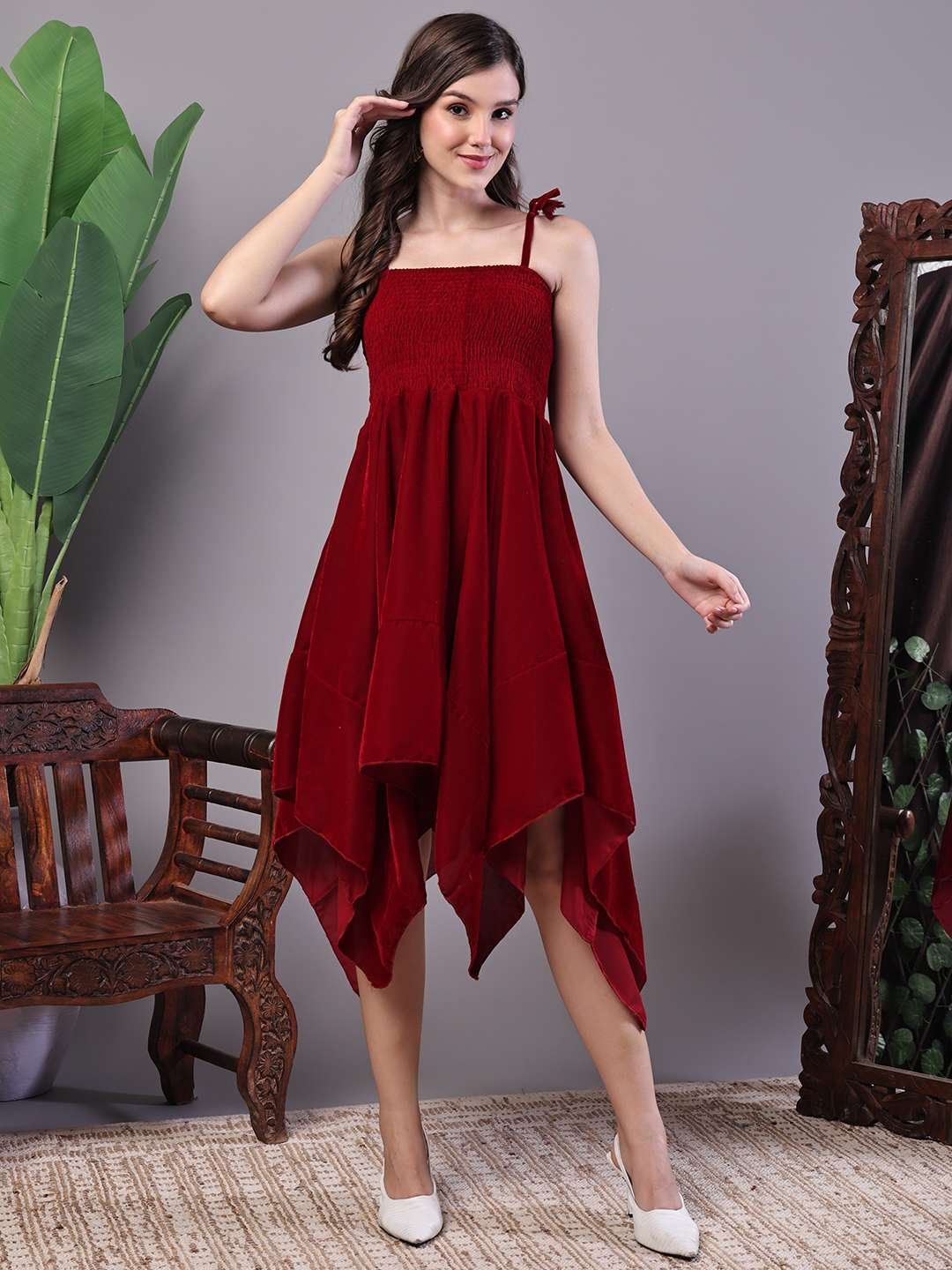 HomYvY.jpg Women's Junglee Velvet Maroon Handkerchief Hem Dress - Image 3