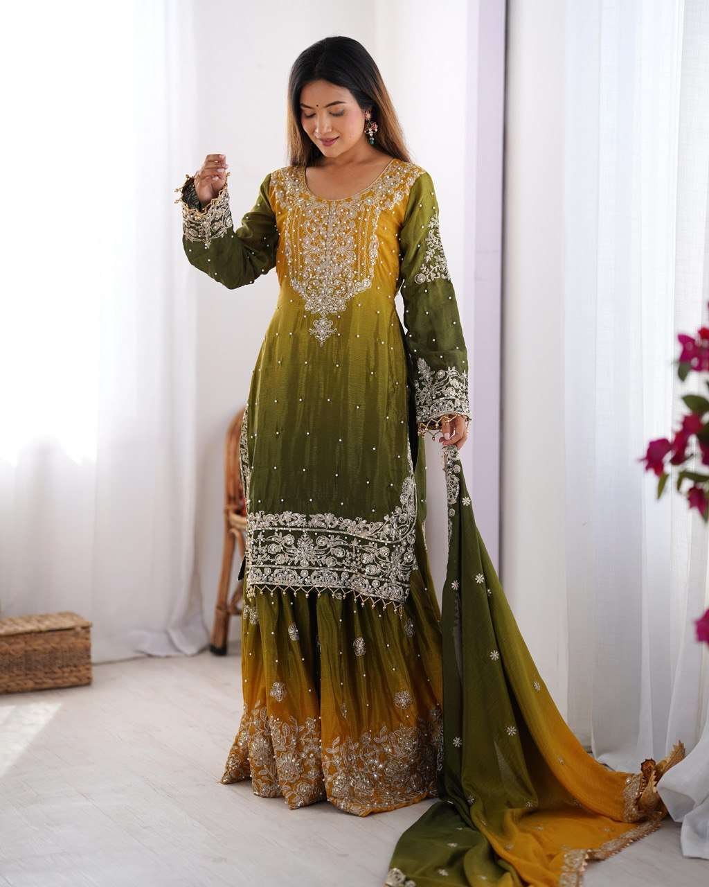 HxFOm6.jpg Women's Chinon Silk Sequence With Rivet Moti Work Straight Kurta With Sharara and Dupatta Set - Image 17