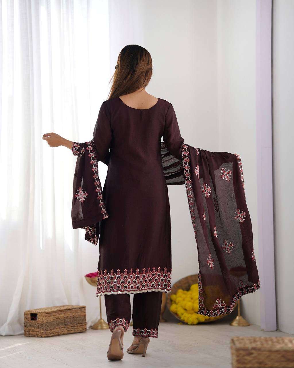 KHa97K.jpg Women's Chinnon Silk Embroidery Sequence Work and Lace Work Straight Kurti With Pant and Dupatta - Image 9