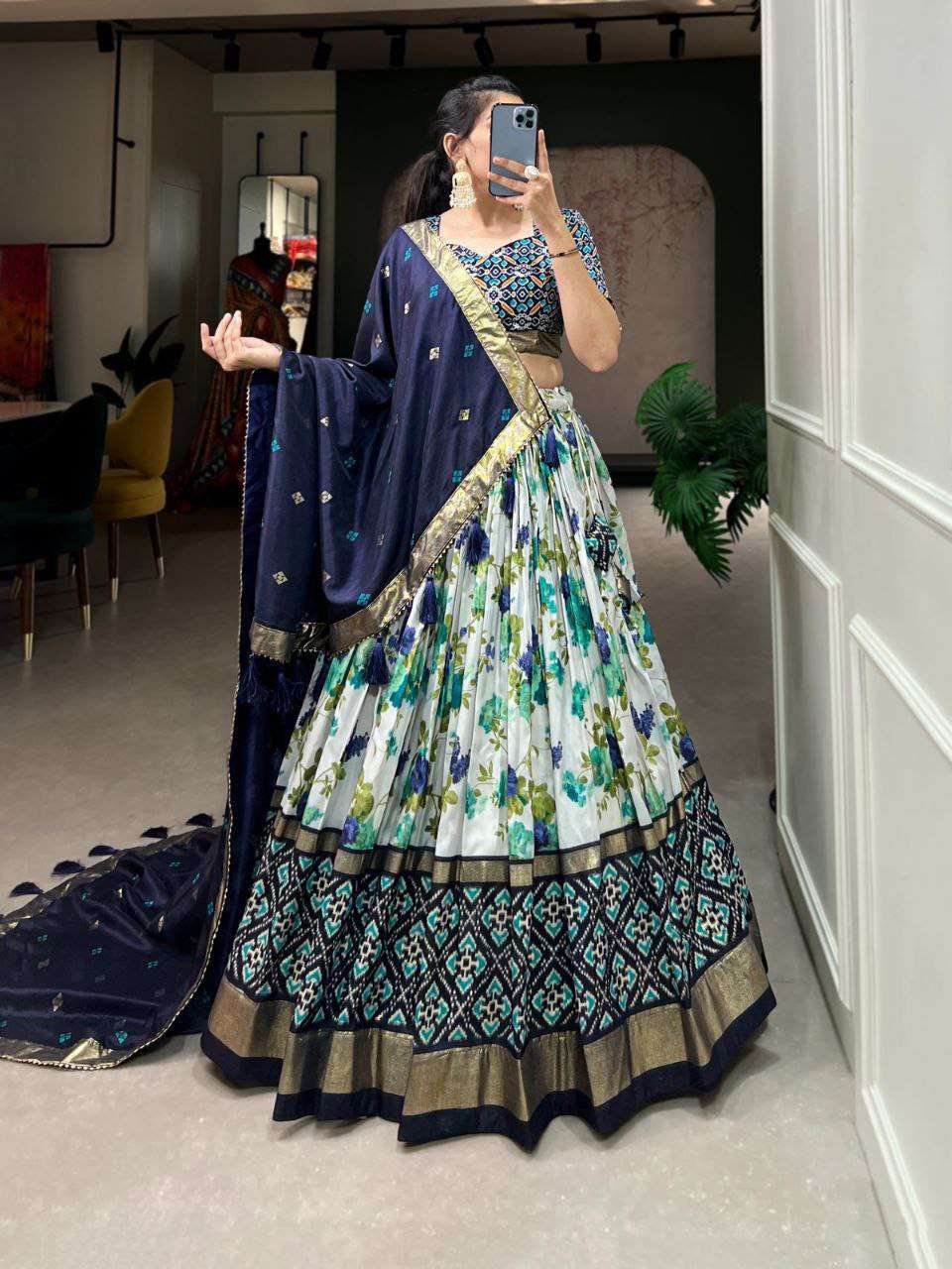 LjymcF.jpg Women's Luxurious Tussar Silk Lehenga Choli with Intricate Prints & Can-Can Flair - Image 8