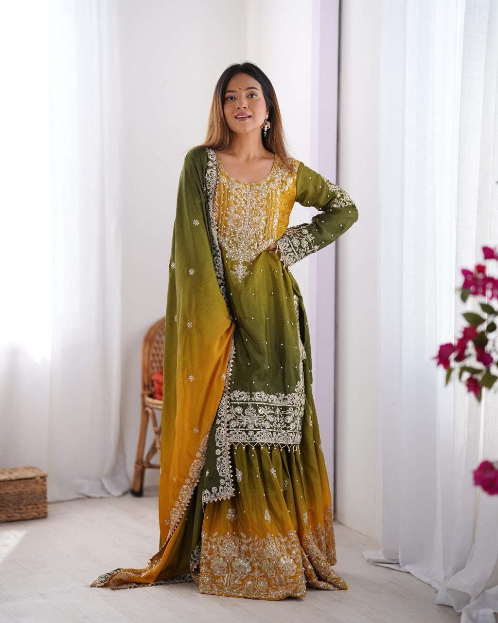 LqGhuR.jpg Women's Chinon Silk Sequence With Rivet Moti Work Straight Kurta With Sharara and Dupatta Set - Image 20