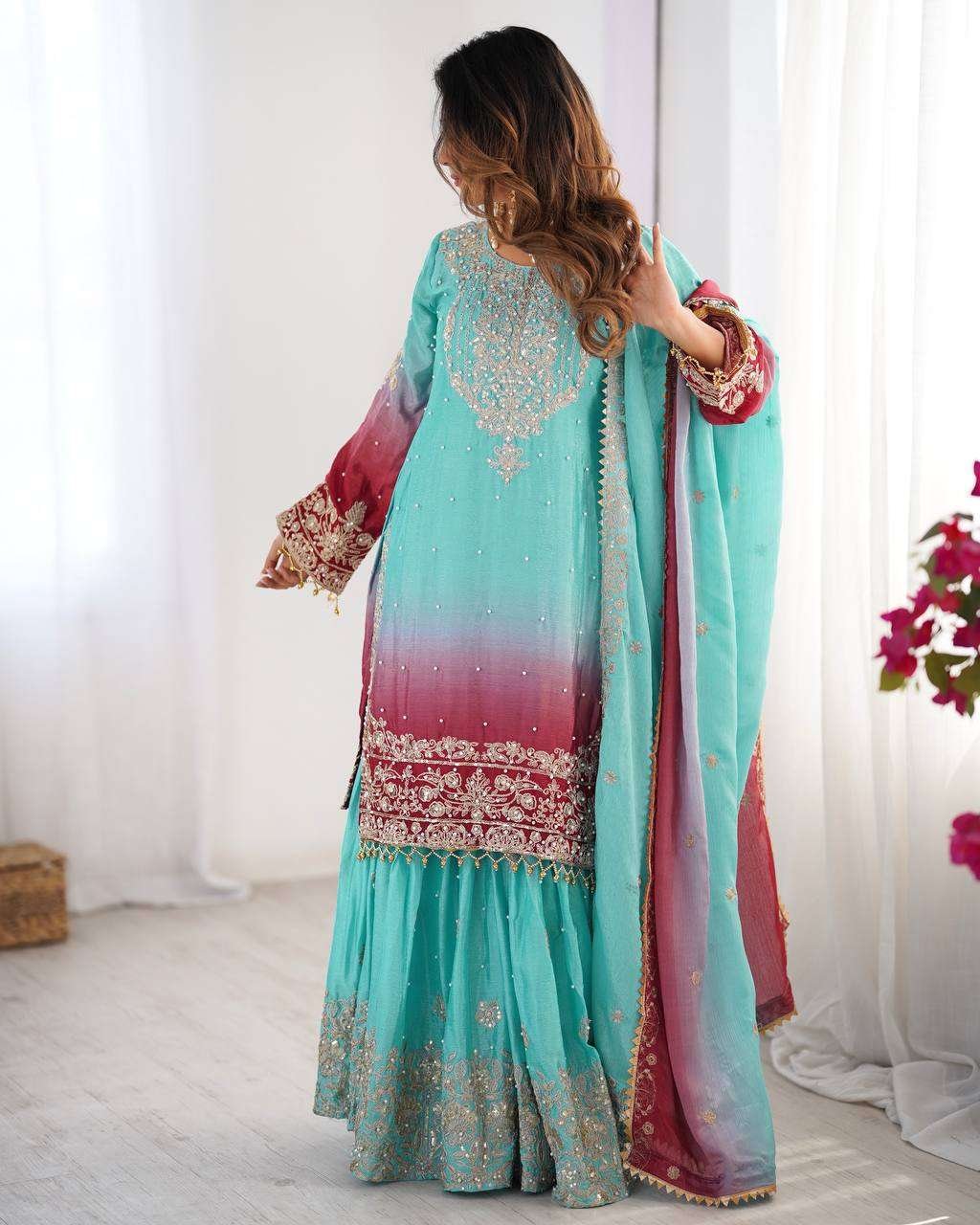 N5xpnY.jpg Women's Chinon Silk Sequence With Rivet Moti Work Straight Kurta With Sharara and Dupatta Set - Image 24