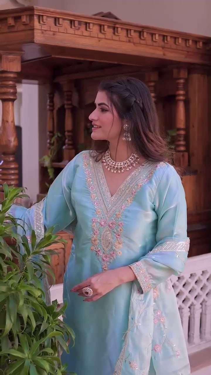 OTtaHK.jpg Women's Silk Heavy Embroidery Sequence Work Top-Bottom Straight Kurti With Pant and Dupatta set - Image 8