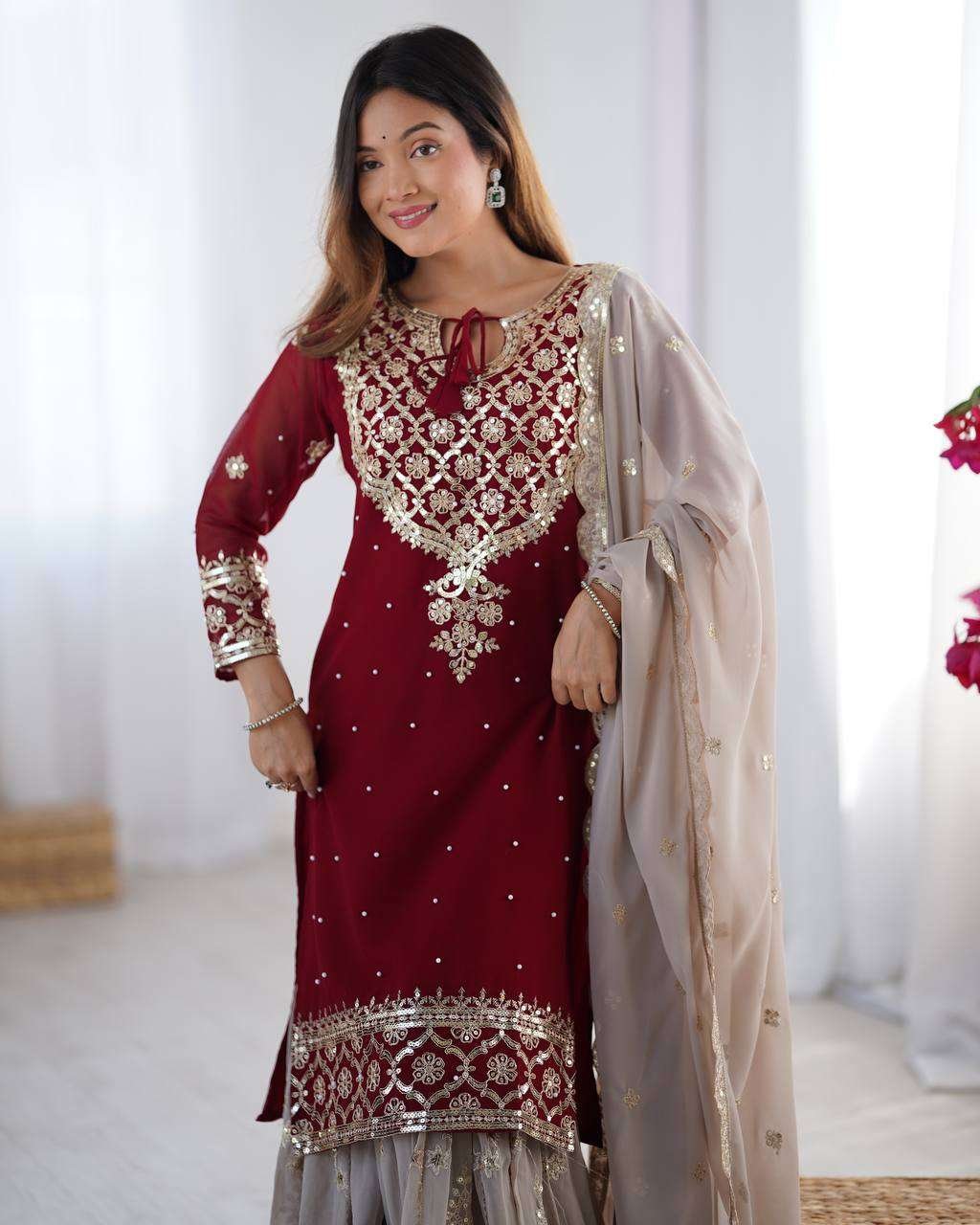 PochWl.jpg Women's Faux Georgette Sequins Embroidered Straight Kurta With Sharara Suit and Dupatta Set