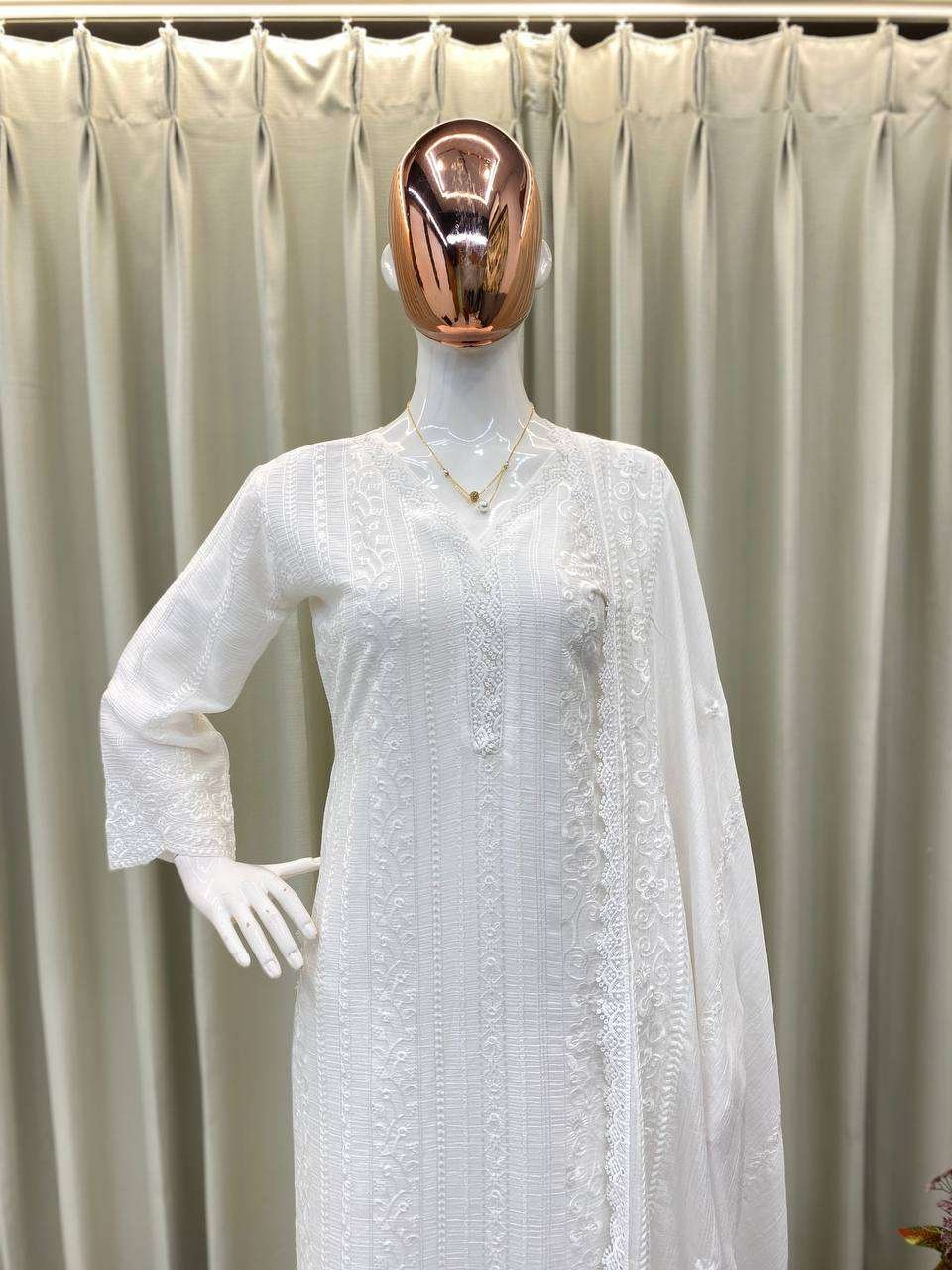 PsFSlD.jpg Women's Chinon Silk with Cotton Thread Embroidery Straight Kurti With Pant and Dupatta set - Image 22