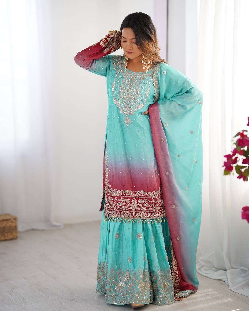QJPBwO.jpg Women's Chinon Silk Sequence With Rivet Moti Work Straight Kurta With Sharara and Dupatta Set - Image 23