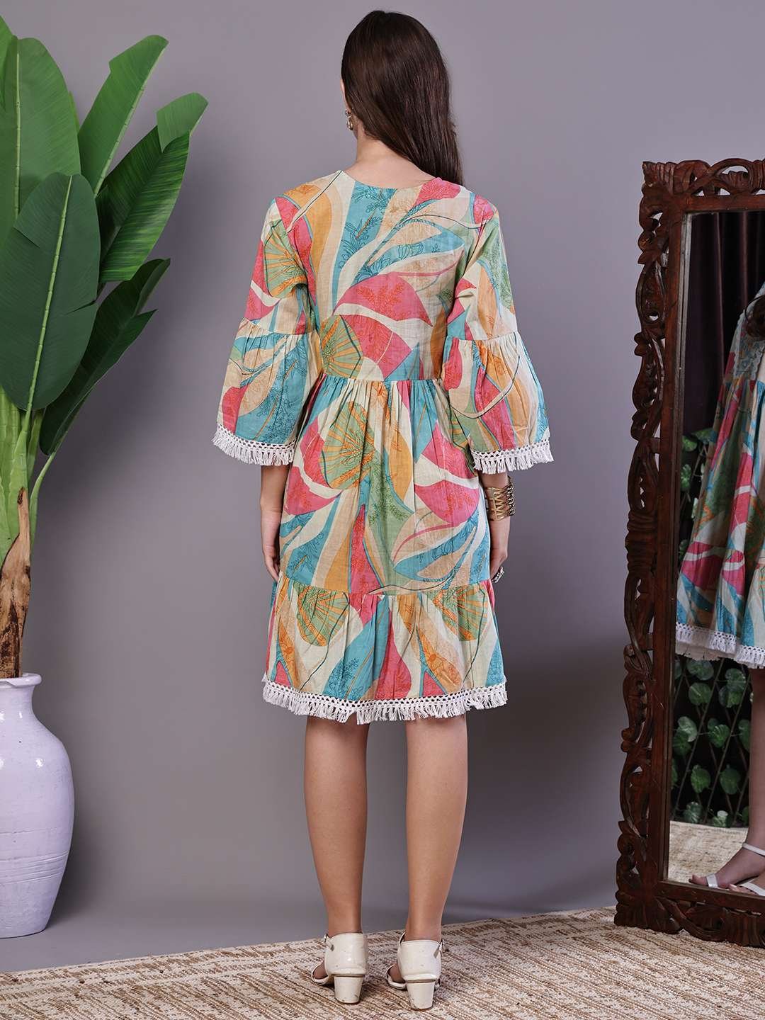 QLVnT3.jpg Wome's Multicolor Printed Cotton A-Line Dress with Embroidered Yoke Midi Dresses - Image 2