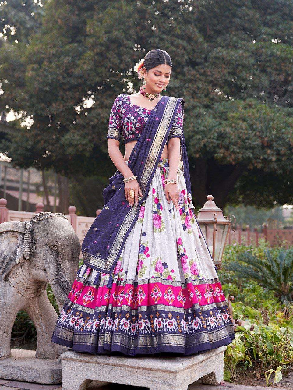 QficxT.jpg Women's Patola Print Tussar Silk Lehenga Choli Dupatta Set