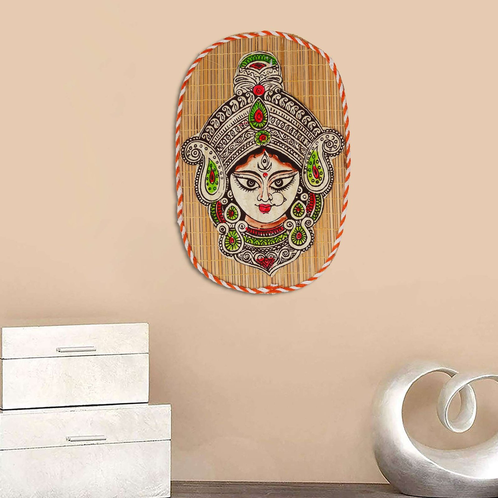 Chitran Product Photography Oval Shaped Design Bamboo Hand Crafted Wall Hangings Durga Ji For Home Decor | Bamboo Art For Wall Decor - Image 3
