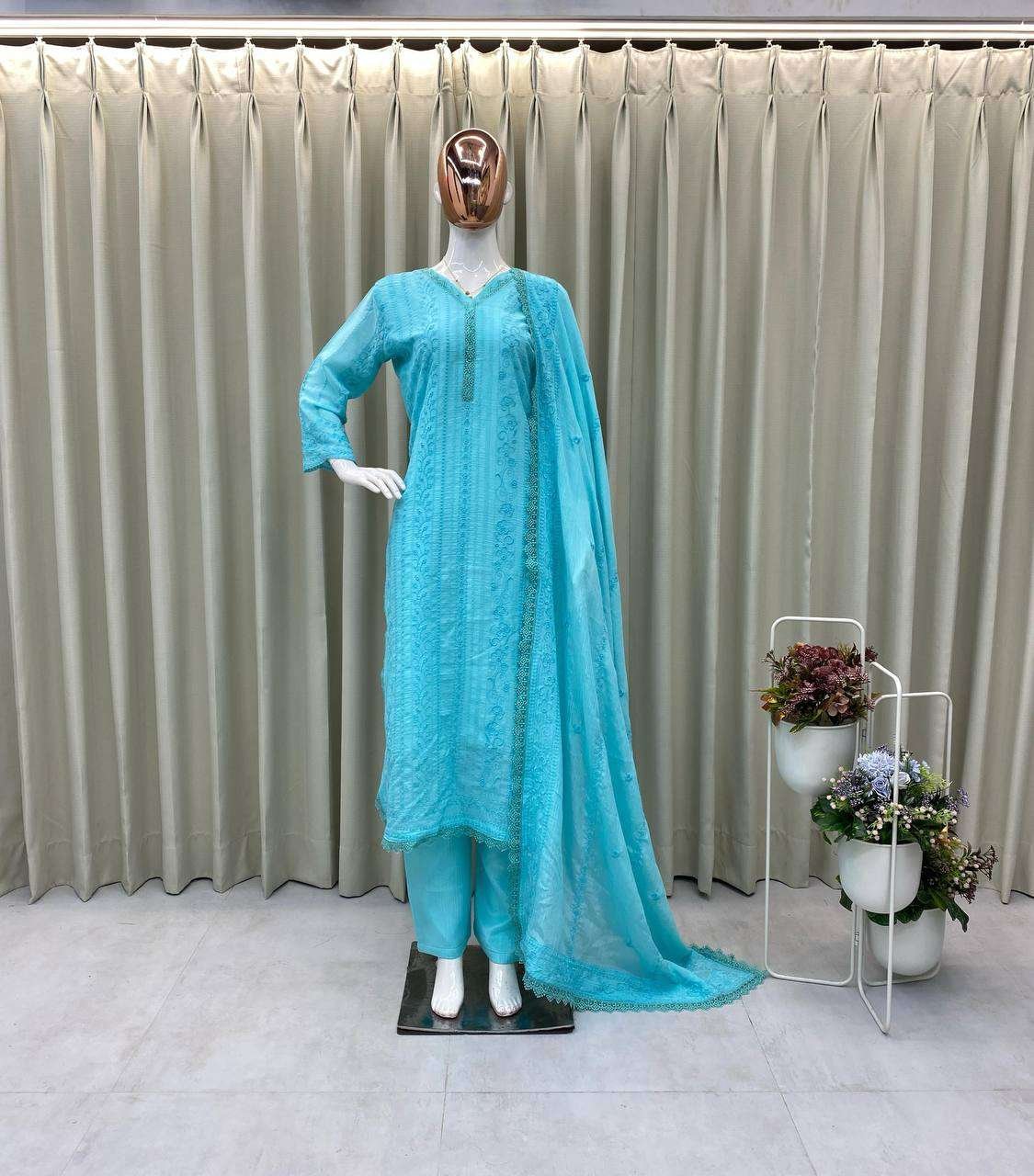 RmHx2M.jpg Women's Chinon Silk with Cotton Thread Embroidery Straight Kurti With Pant and Dupatta set - Image 15