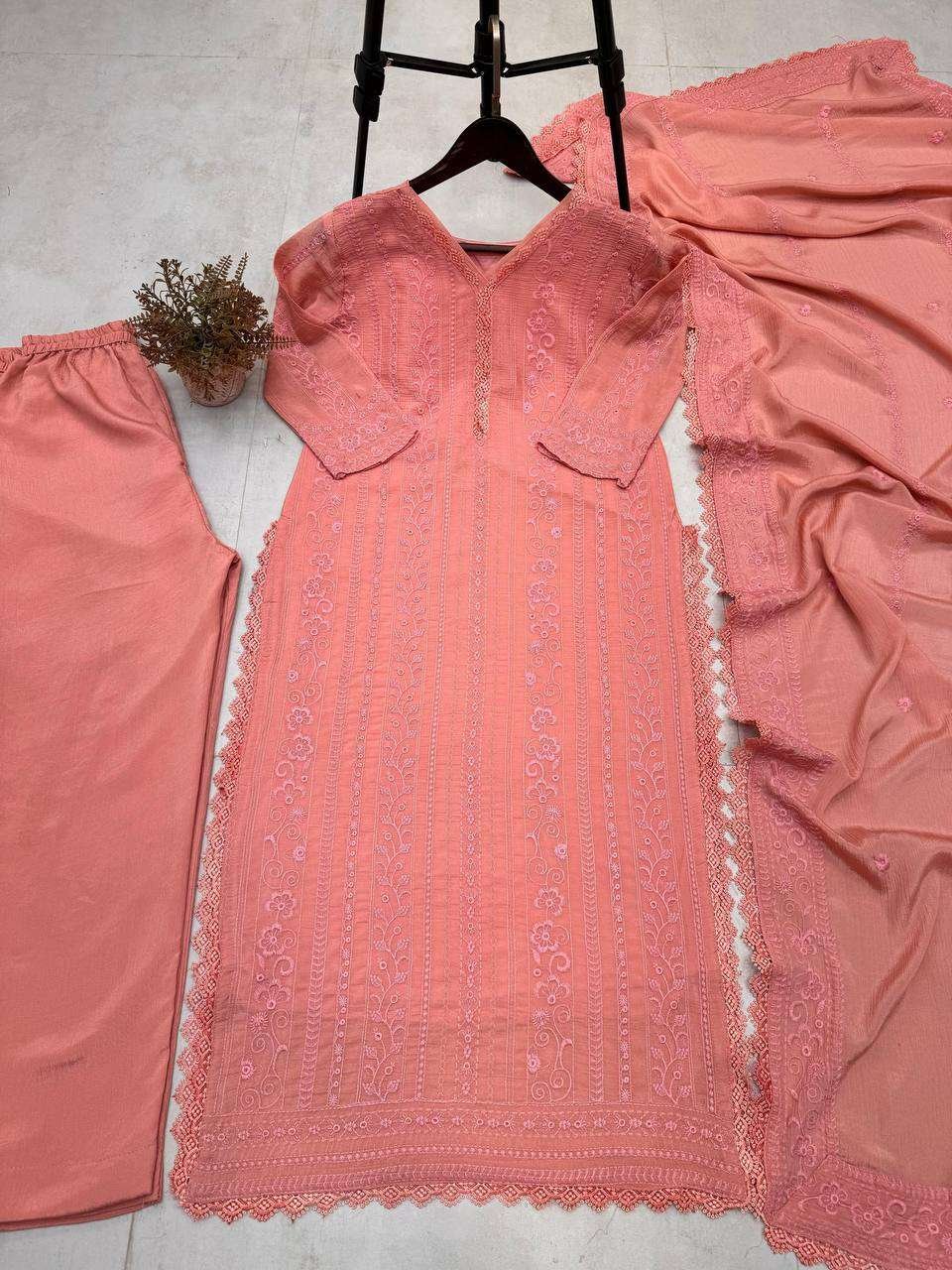 SaeYBl.jpg Women's Chinon Silk with Cotton Thread Embroidery Straight Kurti With Pant and Dupatta set - Image 4