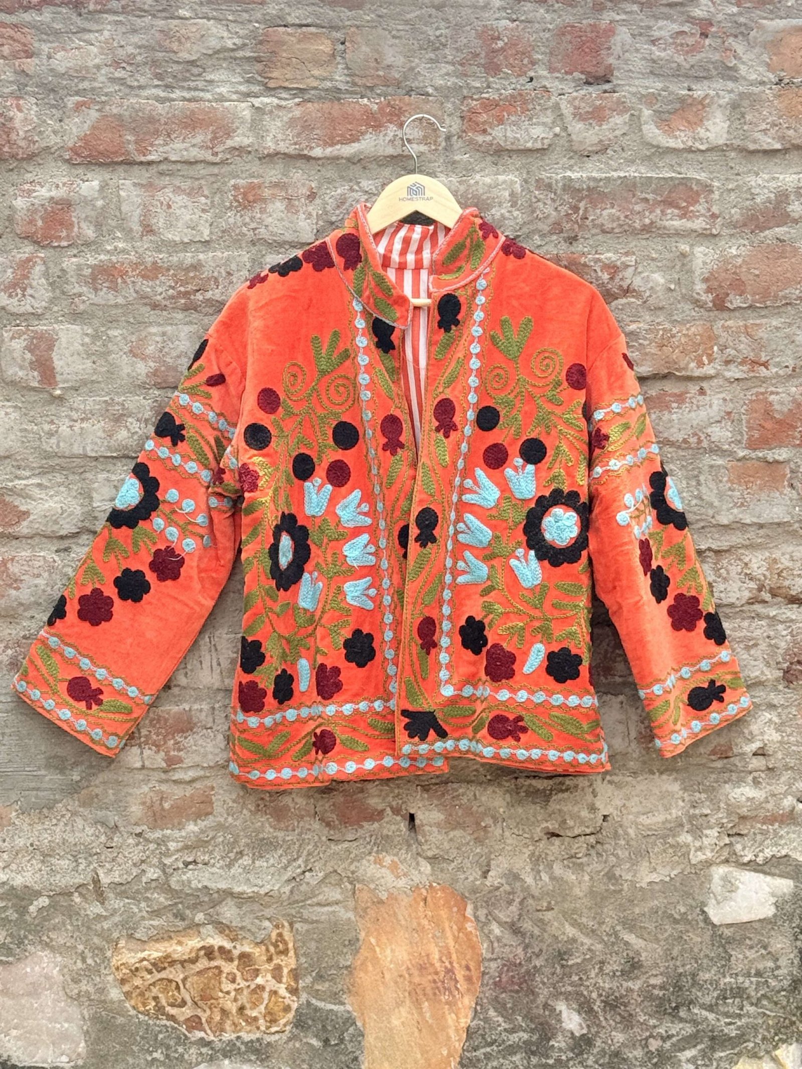 Uc0KGp-scaled-1.jpg Womens Orange Velvet Embroidered Jacket with Floral Design