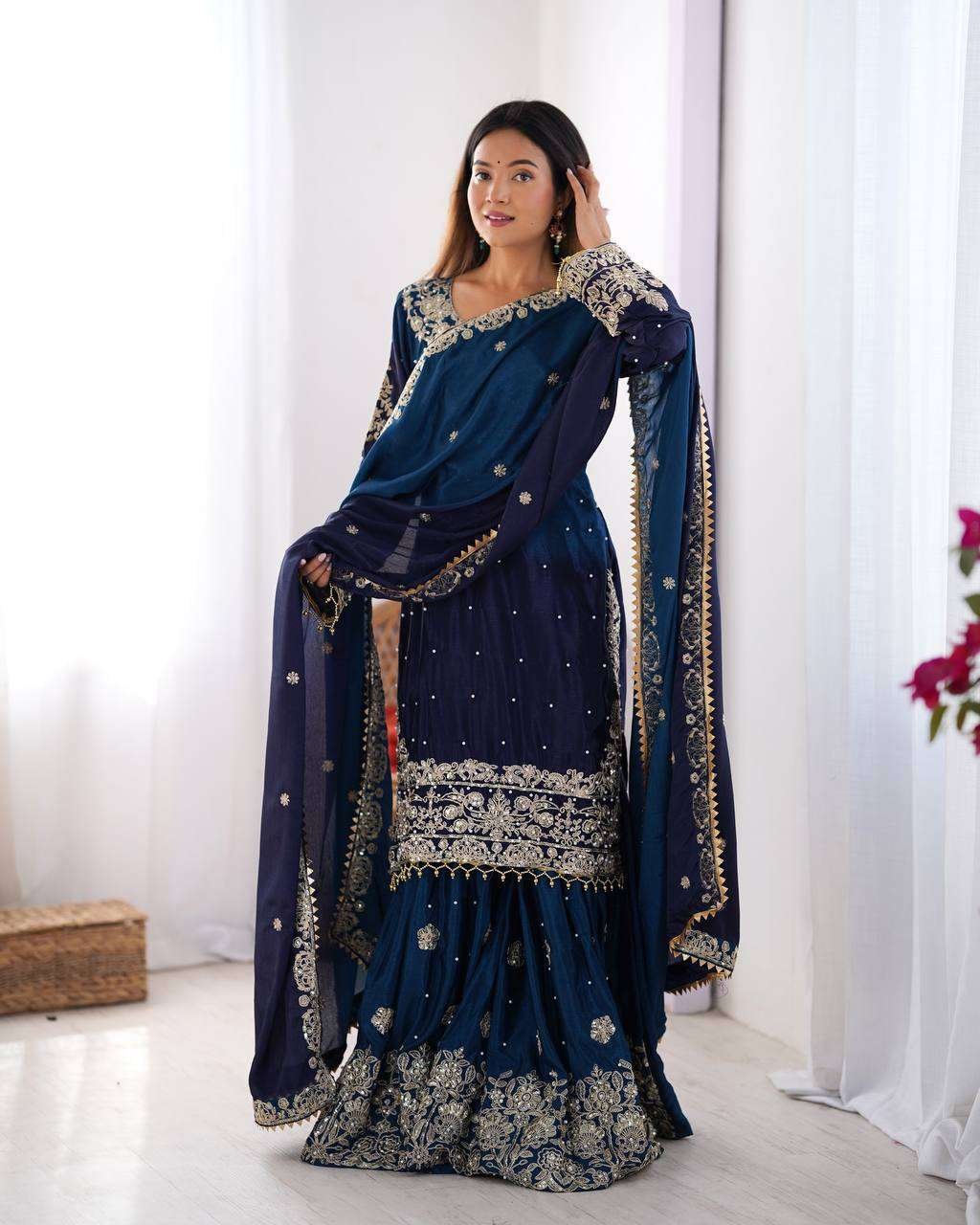 Usx55f.jpg Women's Chinon Silk Sequence With Rivet Moti Work Straight Kurta With Sharara and Dupatta Set - Image 10