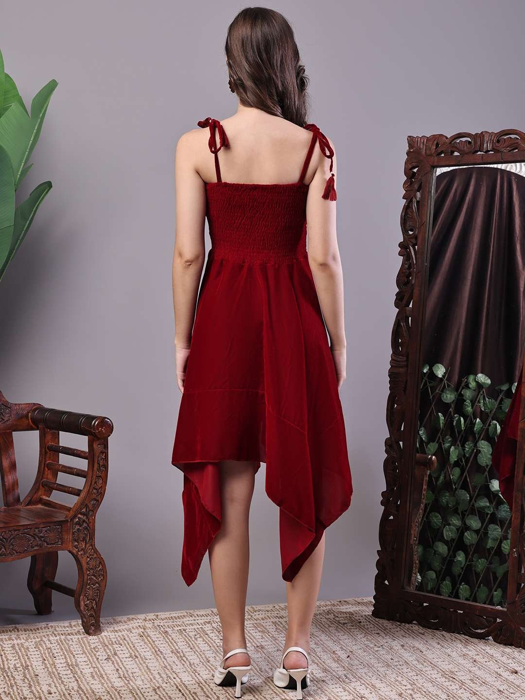 V2iTkV.jpg Women's Junglee Velvet Maroon Handkerchief Hem Dress - Image 2
