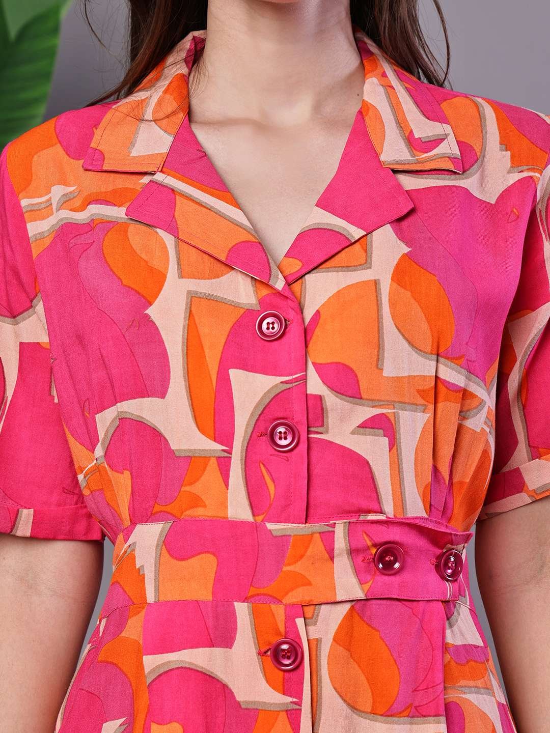 V8ciCt.jpg Women's Pink & Orange Abstract Print Cotton Shirt Dress - Image 5