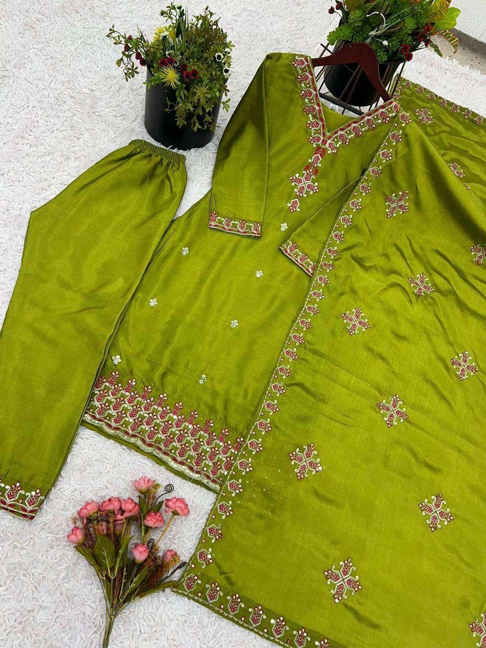 VLBMGh.jpg Women's Chinnon Silk Embroidery Sequence Work and Lace Work Straight Kurti With Pant and Dupatta - Image 7