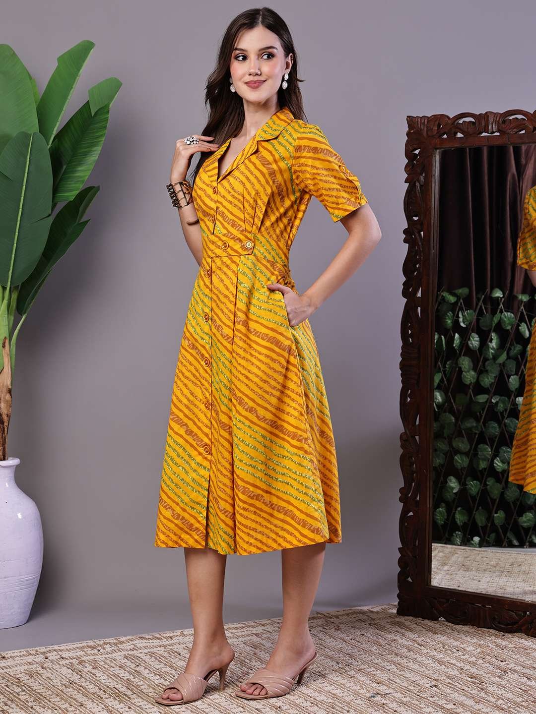 Wz4InX.jpg Women's Yellow Printed Cotton Shirt Dress - Image 4
