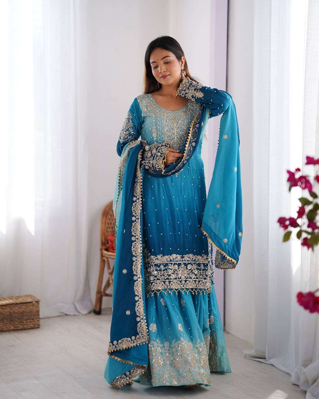 XGI4c3.jpg Women's Chinon Silk Sequence With Rivet Moti Work Straight Kurta With Sharara and Dupatta Set