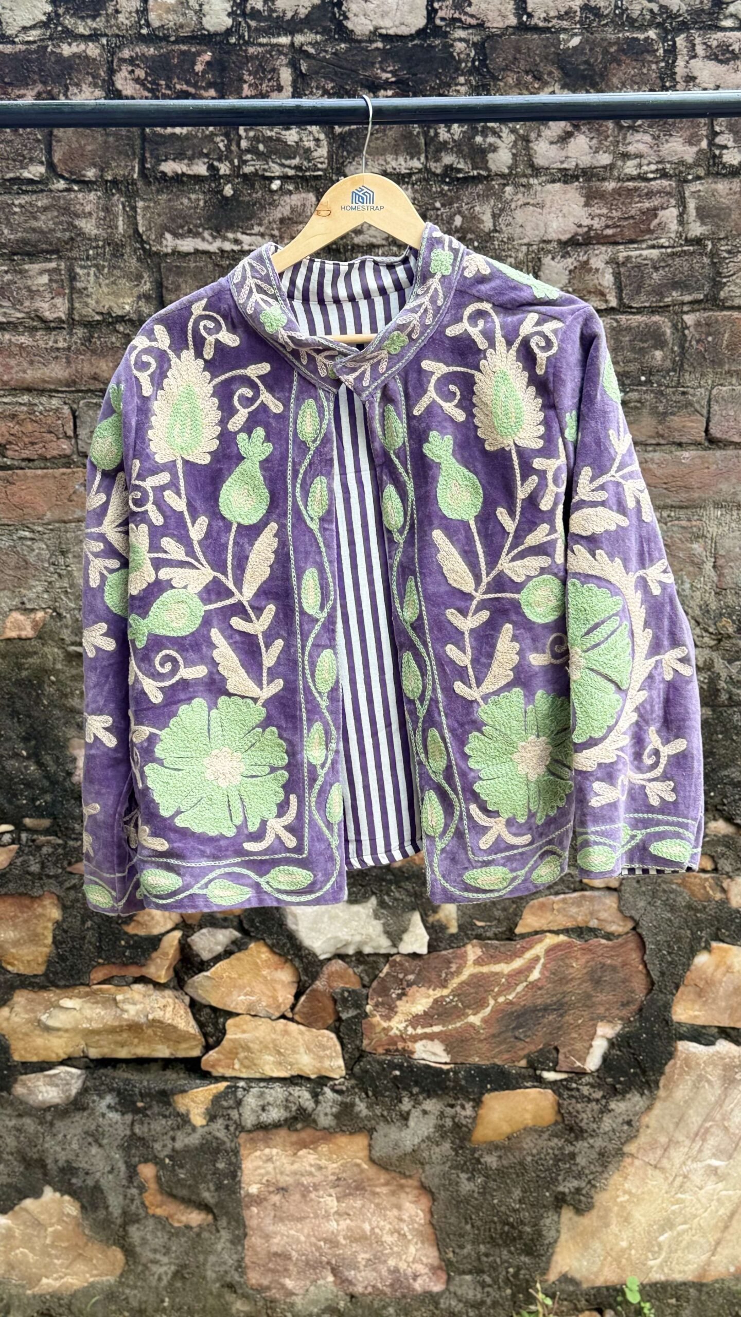 ZHDcDU-scaled-1.jpg Womens Purple Velvet Embroidered Jacket with Floral Design - Image 2