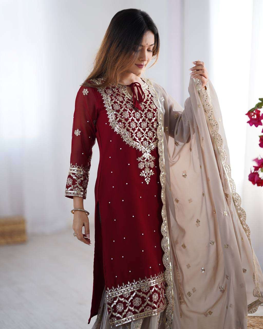 Za2WPT.jpg Women's Faux Georgette Sequins Embroidered Straight Kurta With Sharara Suit and Dupatta Set - Image 2
