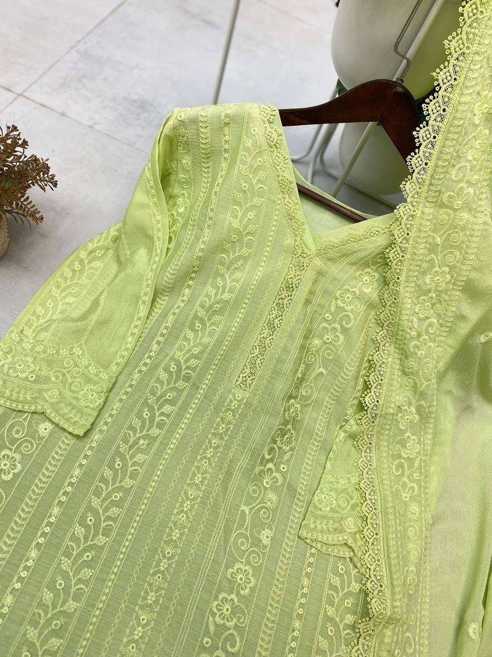 ZrI6Eq.jpg Women's Chinon Silk with Cotton Thread Embroidery Straight Kurti With Pant and Dupatta set - Image 12
