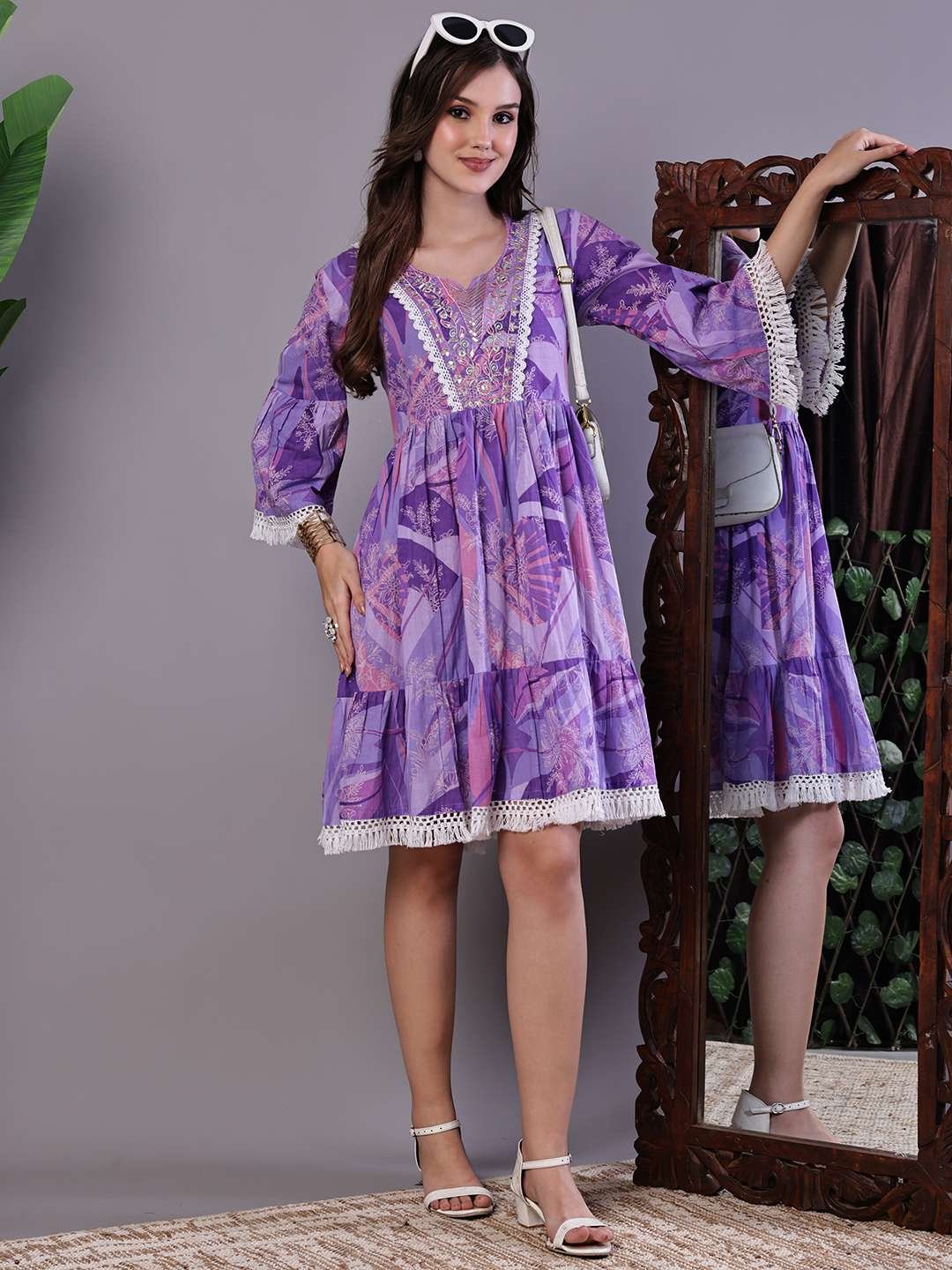 cUQQ9A.jpg Wome's Purple Floral Cotton A-Line Dress with Lace Detailing Midi Dresses