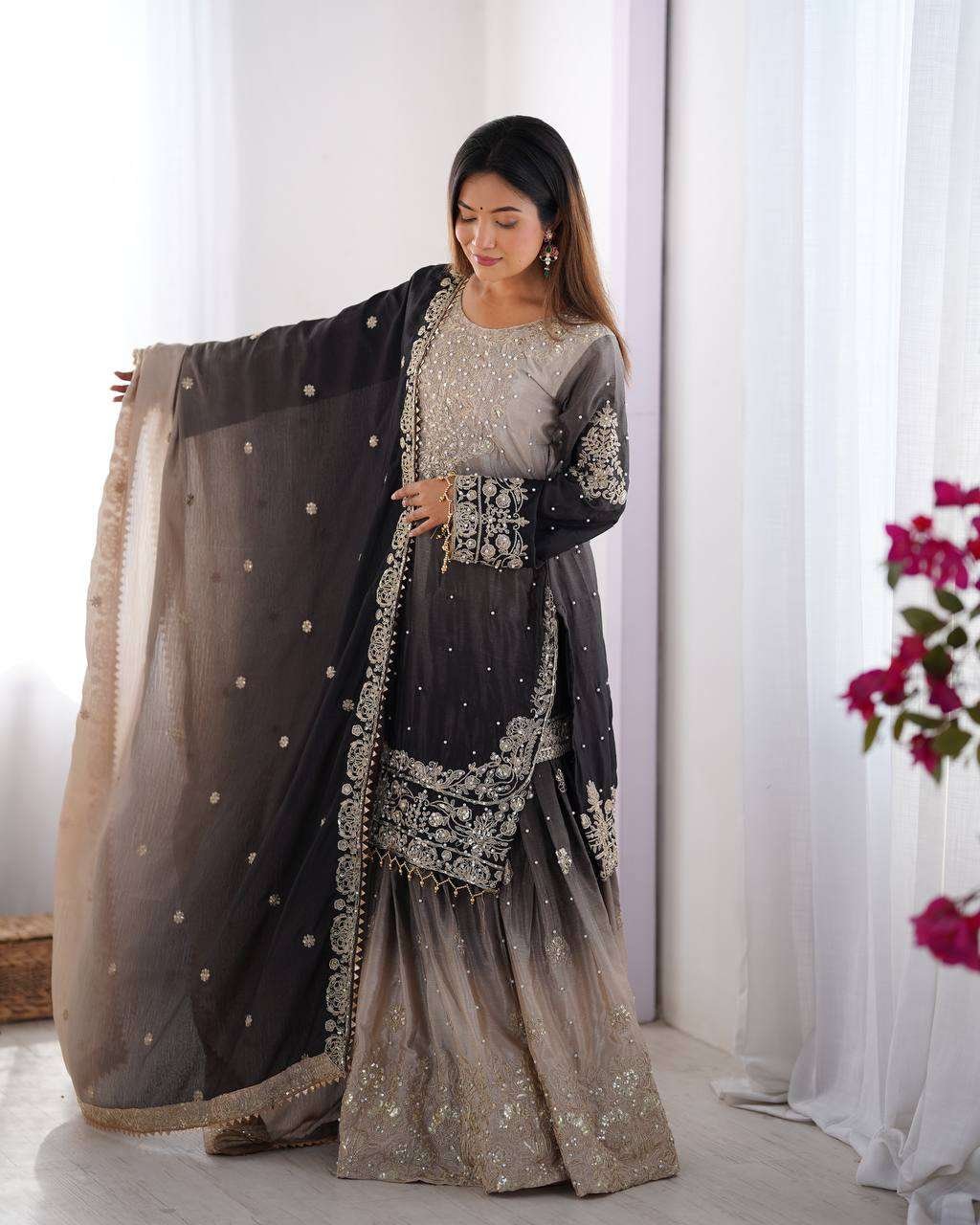 daVmGy.jpg Women's Chinon Silk Sequence With Rivet Moti Work Straight Kurta With Sharara and Dupatta Set - Image 7