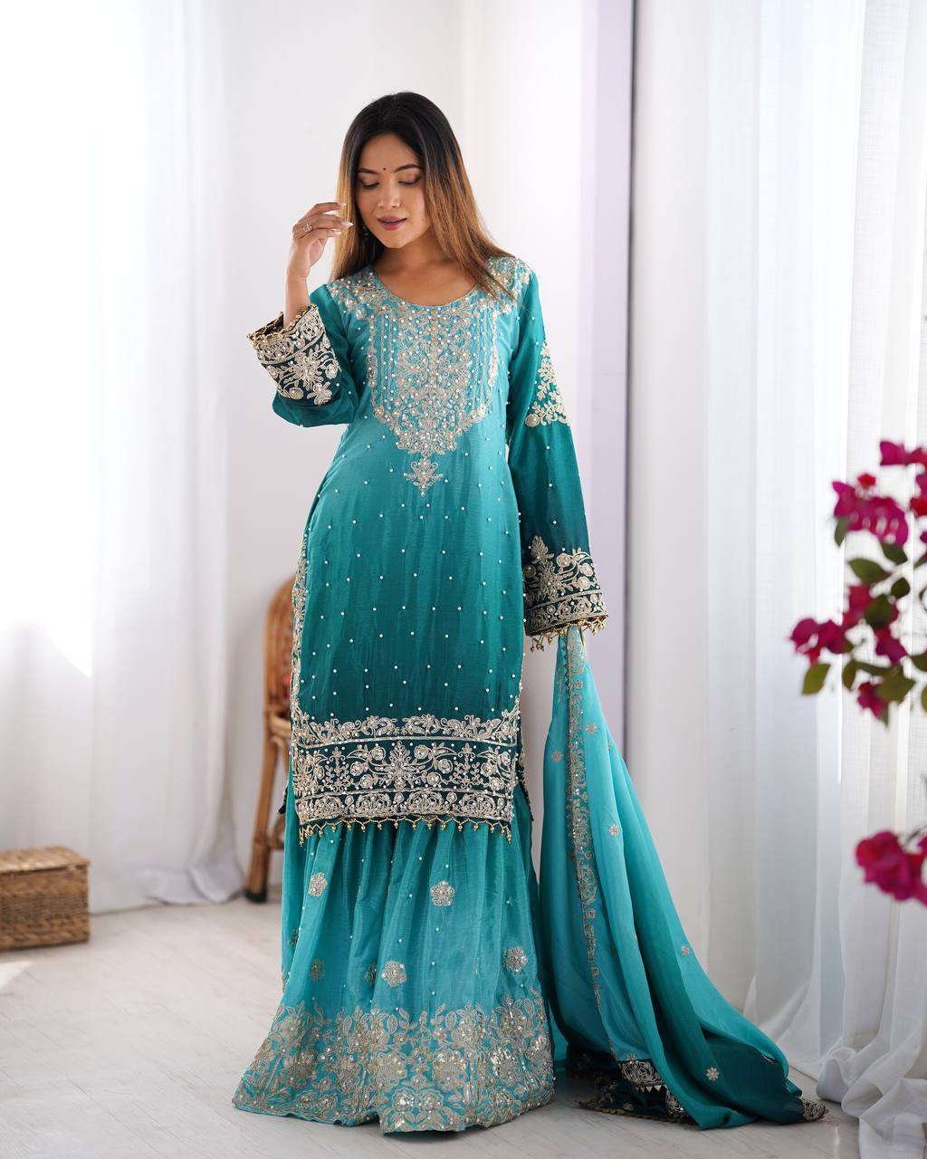 ee7EvJ.jpg Women's Chinon Silk Sequence With Rivet Moti Work Straight Kurta With Sharara and Dupatta Set - Image 34
