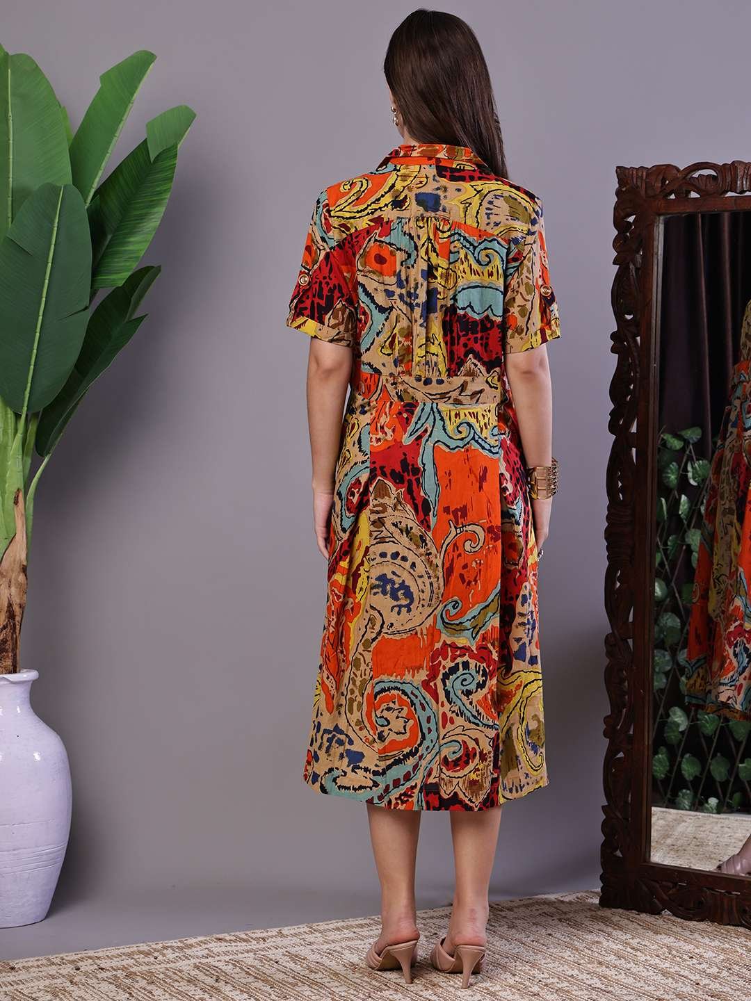 fqGmcO.jpg Women's Bohemian Chic Multi-Color Paisley Print Cotton Collared Midi Dress - Image 2