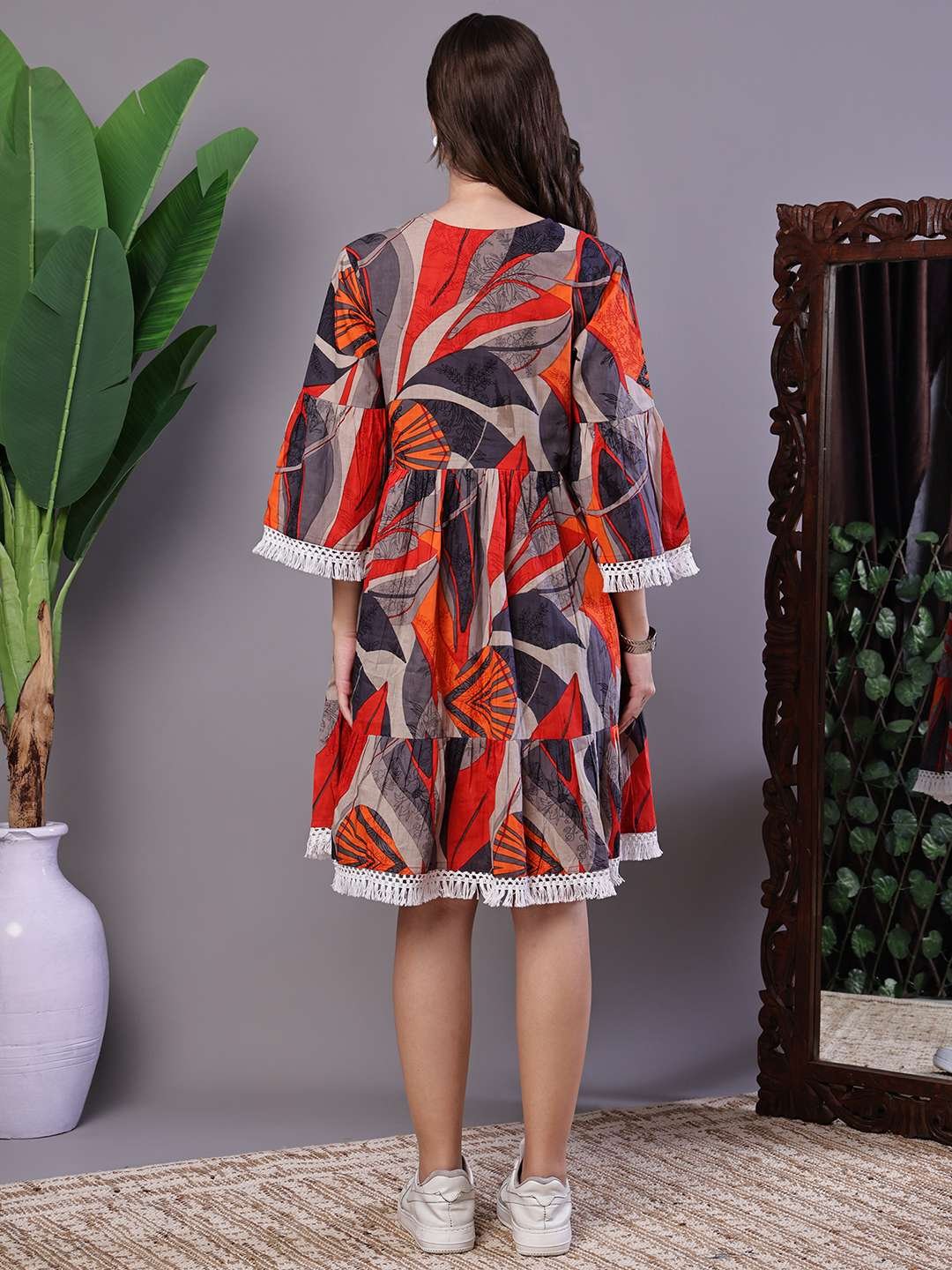 hPXyLQ.jpg Wome's Multicolor Printed Cotton A-Line Dress with Embroidered Yoke Midi Dresses - Image 2