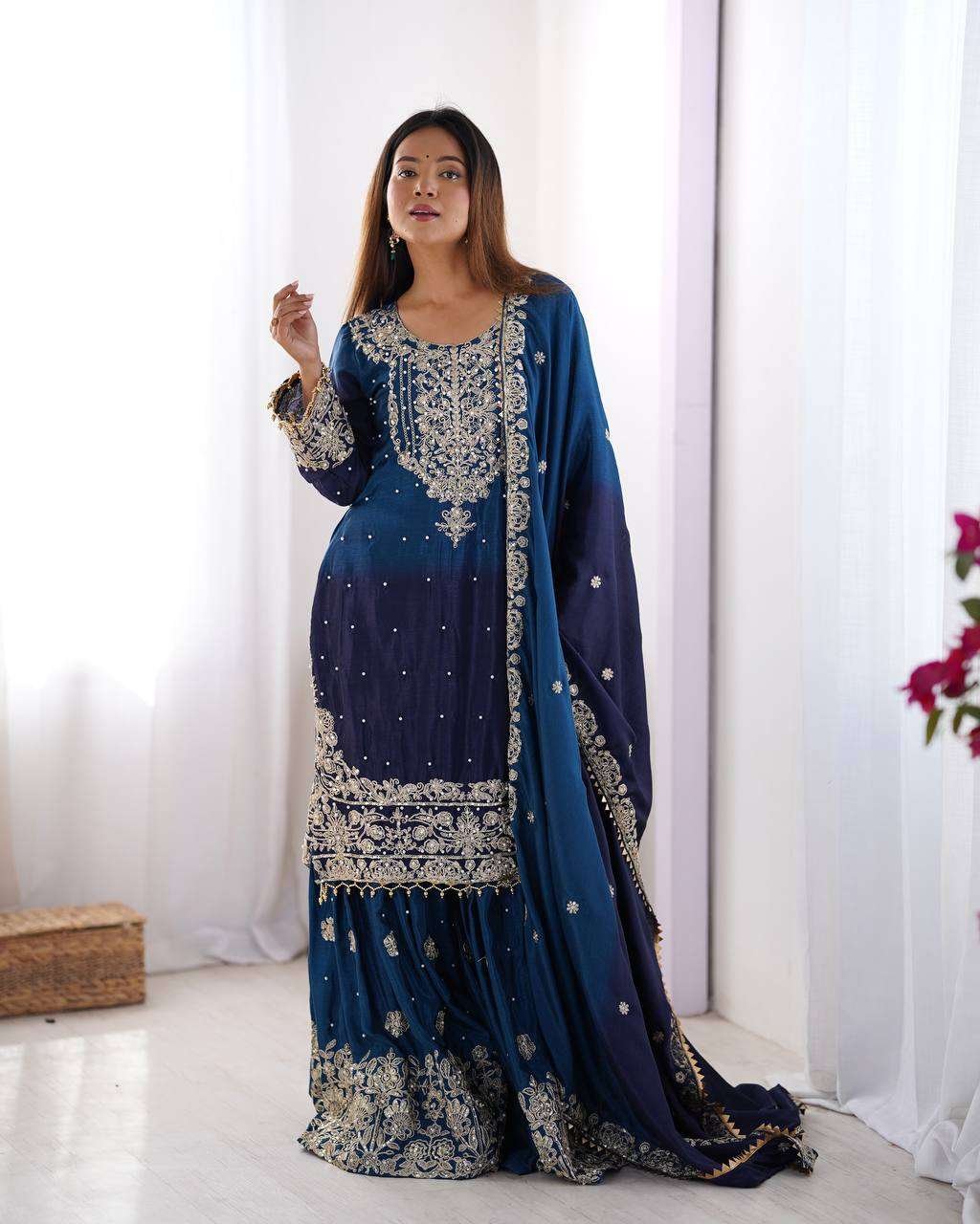 hfOpVw.jpg Women's Chinon Silk Sequence With Rivet Moti Work Straight Kurta With Sharara and Dupatta Set - Image 11