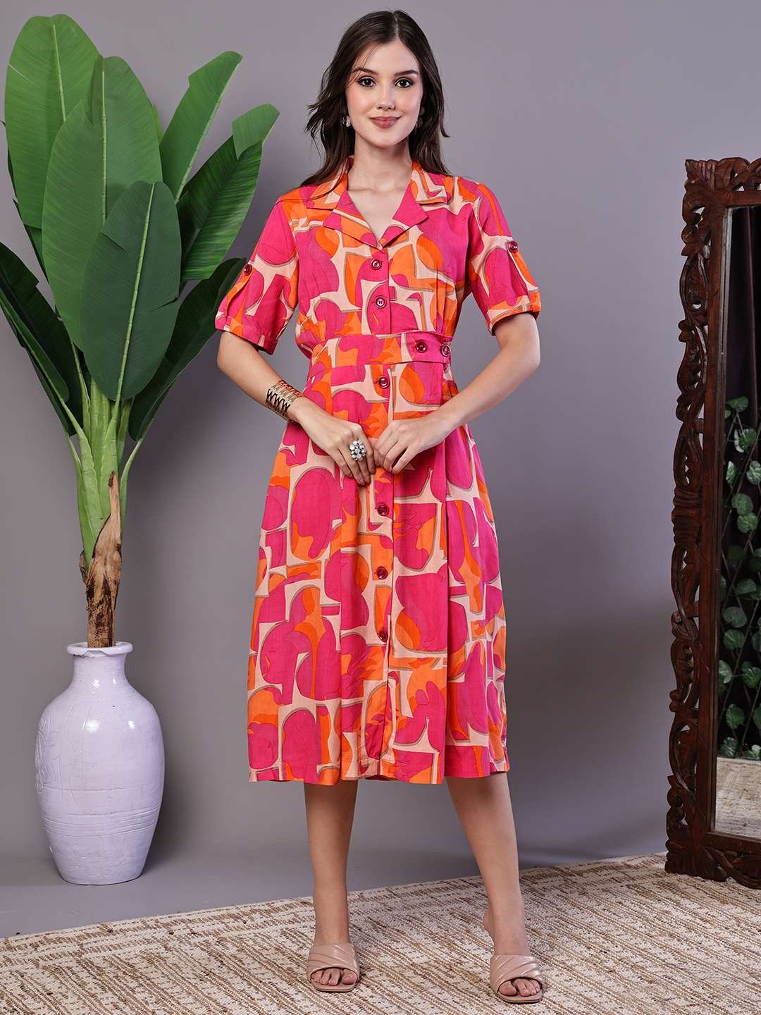 jBgNIC.jpg Women's Pink & Orange Abstract Print Cotton Shirt Dress