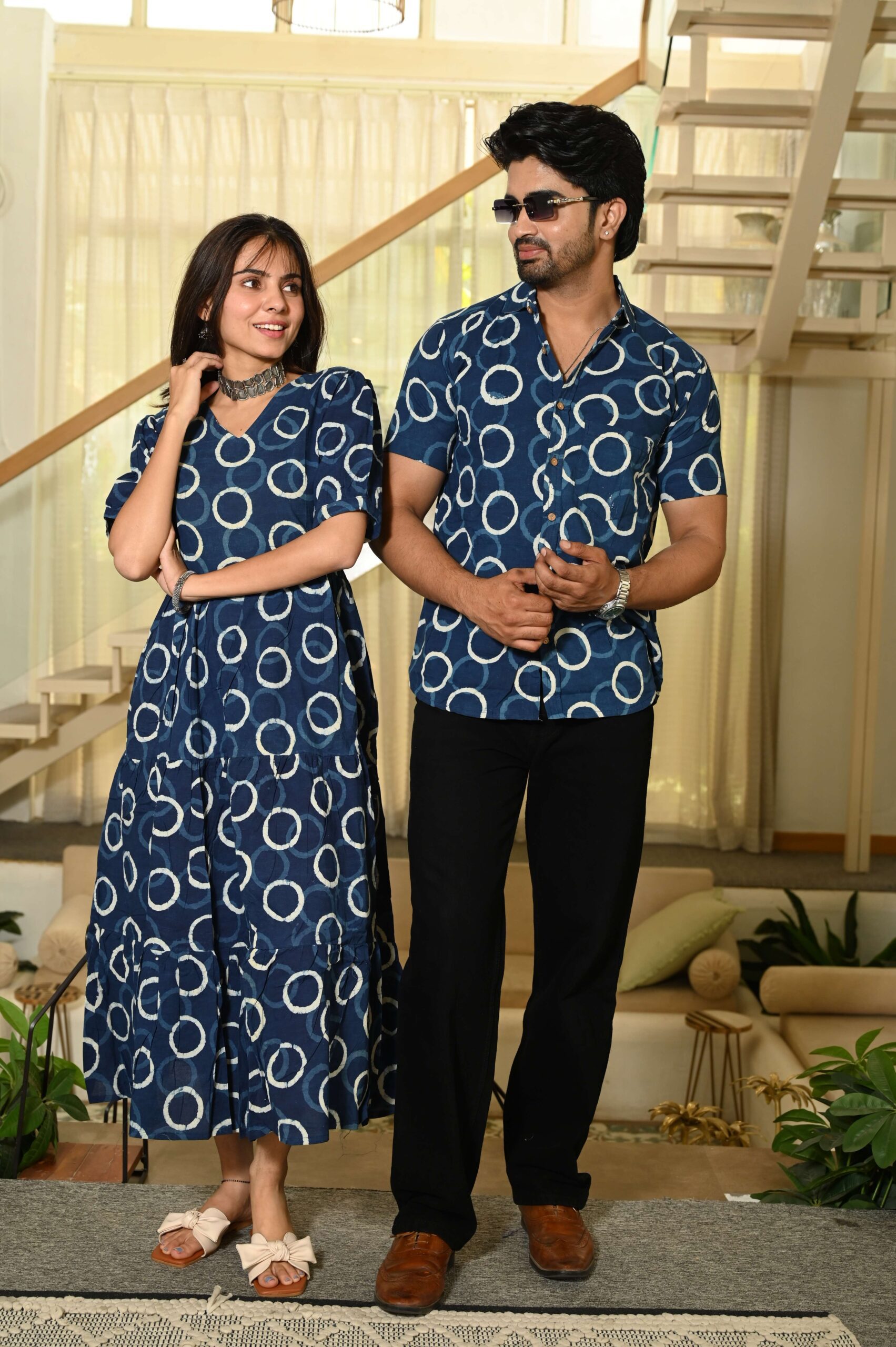 jV0qVZ-scaled-1.jpg Couple Matching Navy Blue Circular Print Cotton Anarkali Midi Dress and Shirt Set - Image 2